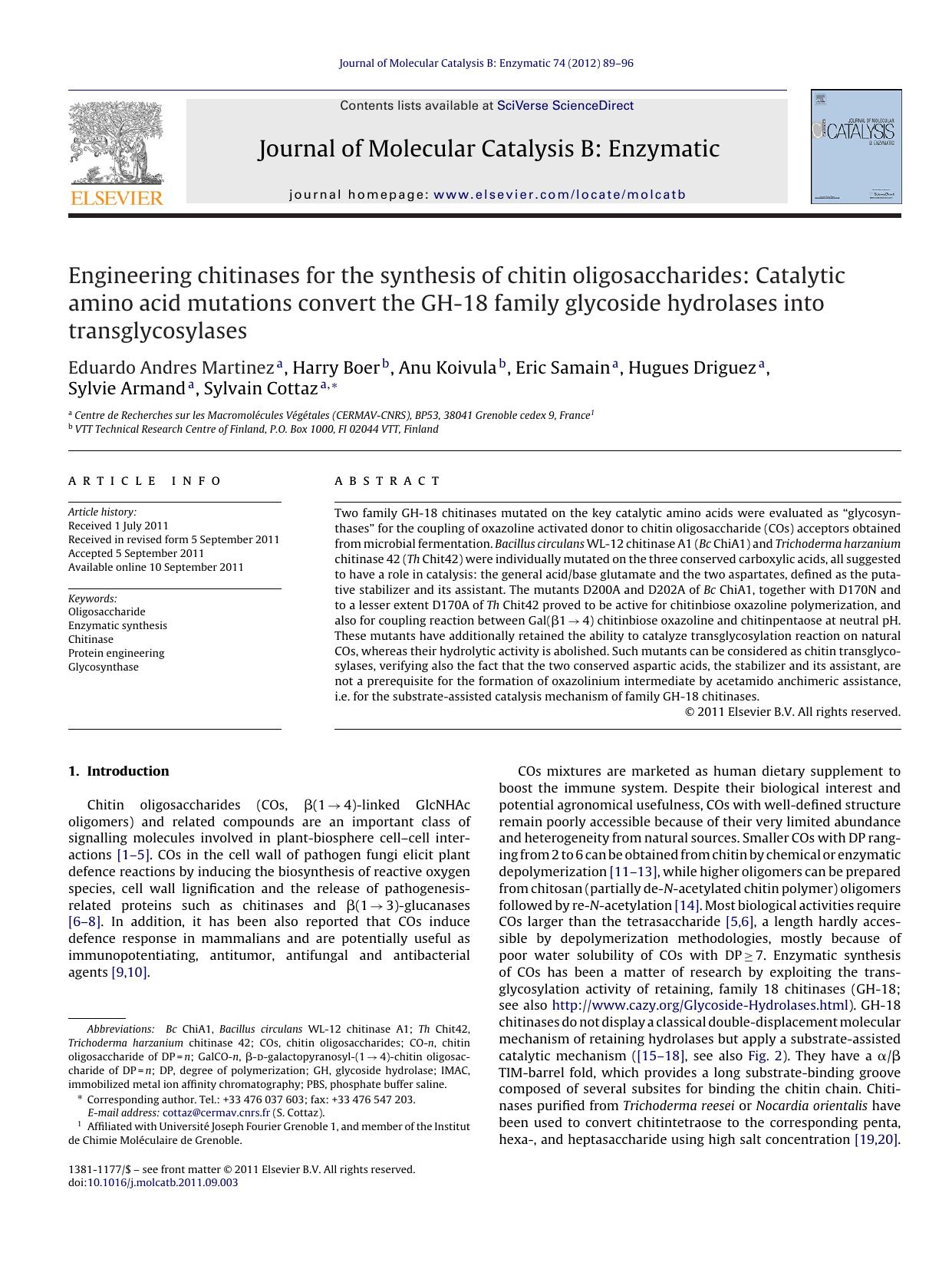 Engineering chitinases for the synthesis of chitin oligosaccharides: Catalytic amino acid mutations convert the GH-18 family glycoside hydrolases into transglycosylases by Eduardo Andres Martinez