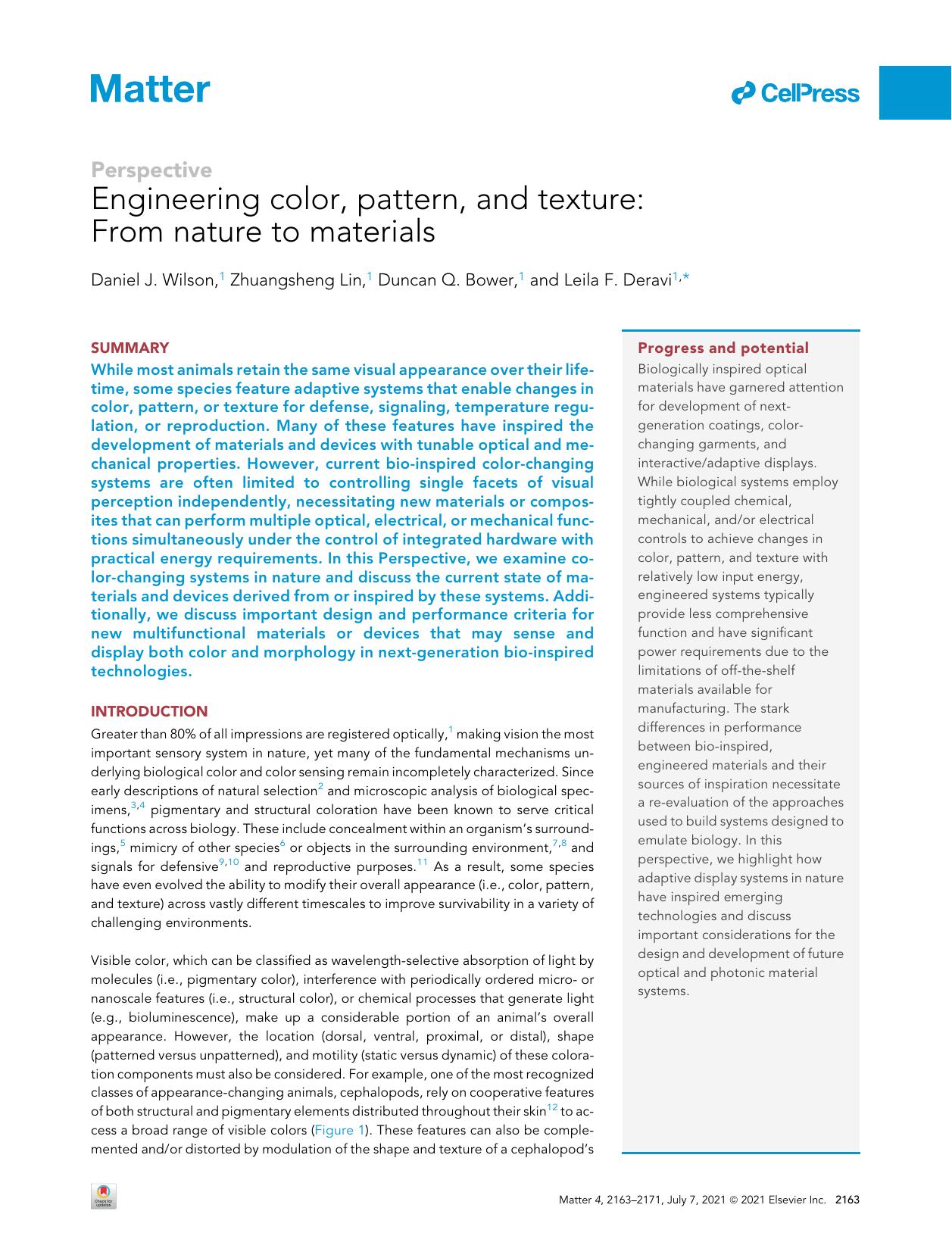 Engineering color, pattern, and texture: From nature to materials by Daniel J. Wilson & Zhuangsheng Lin & Duncan Q. Bower & Leila F. Deravi