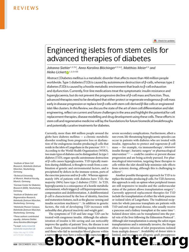 Engineering islets from stem cells for advanced therapies of diabetes by Johanna Siehler & Anna Karolina Blöchinger & Matthias Meier & Heiko Lickert