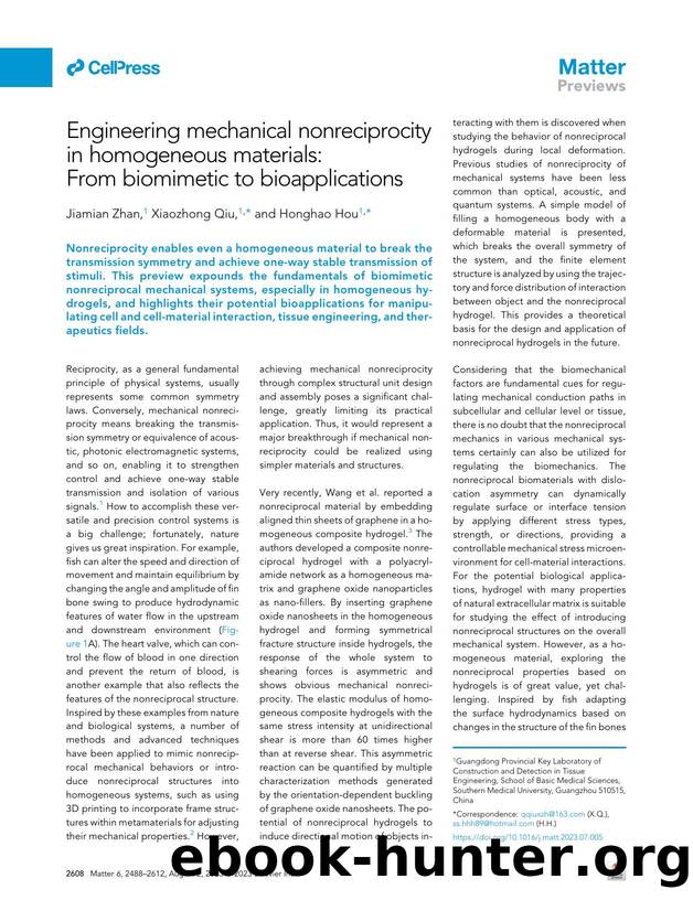 Engineering mechanical nonreciprocity in homogeneous materials: From biomimetic to bioapplications by Jiamian Zhan & Xiaozhong Qiu & Honghao Hou