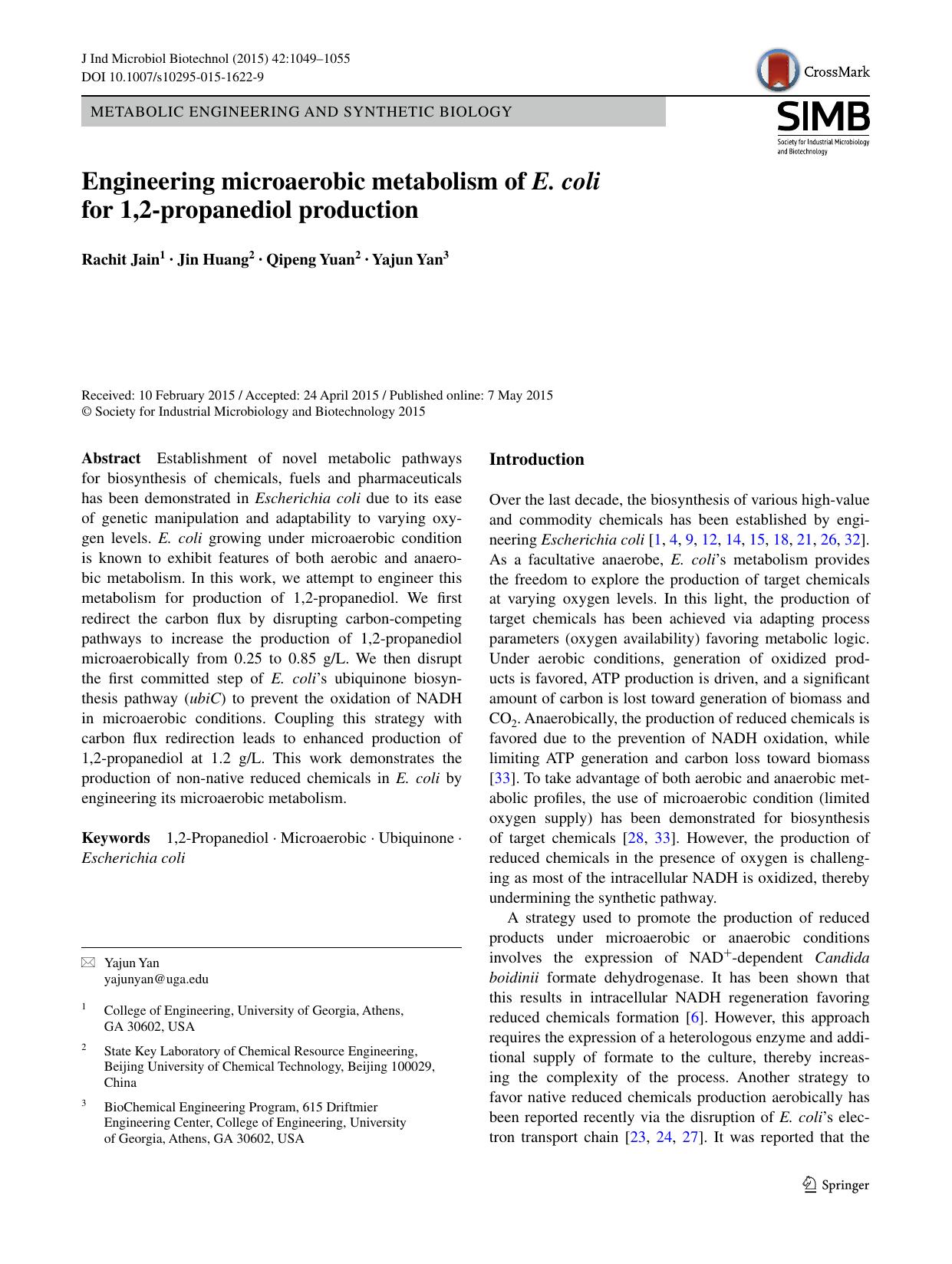 Engineering microaerobic metabolism of E. coli for 1,2-propanediol production by Rachit Jain & Jin Huang & Qipeng Yuan & Yajun Yan
