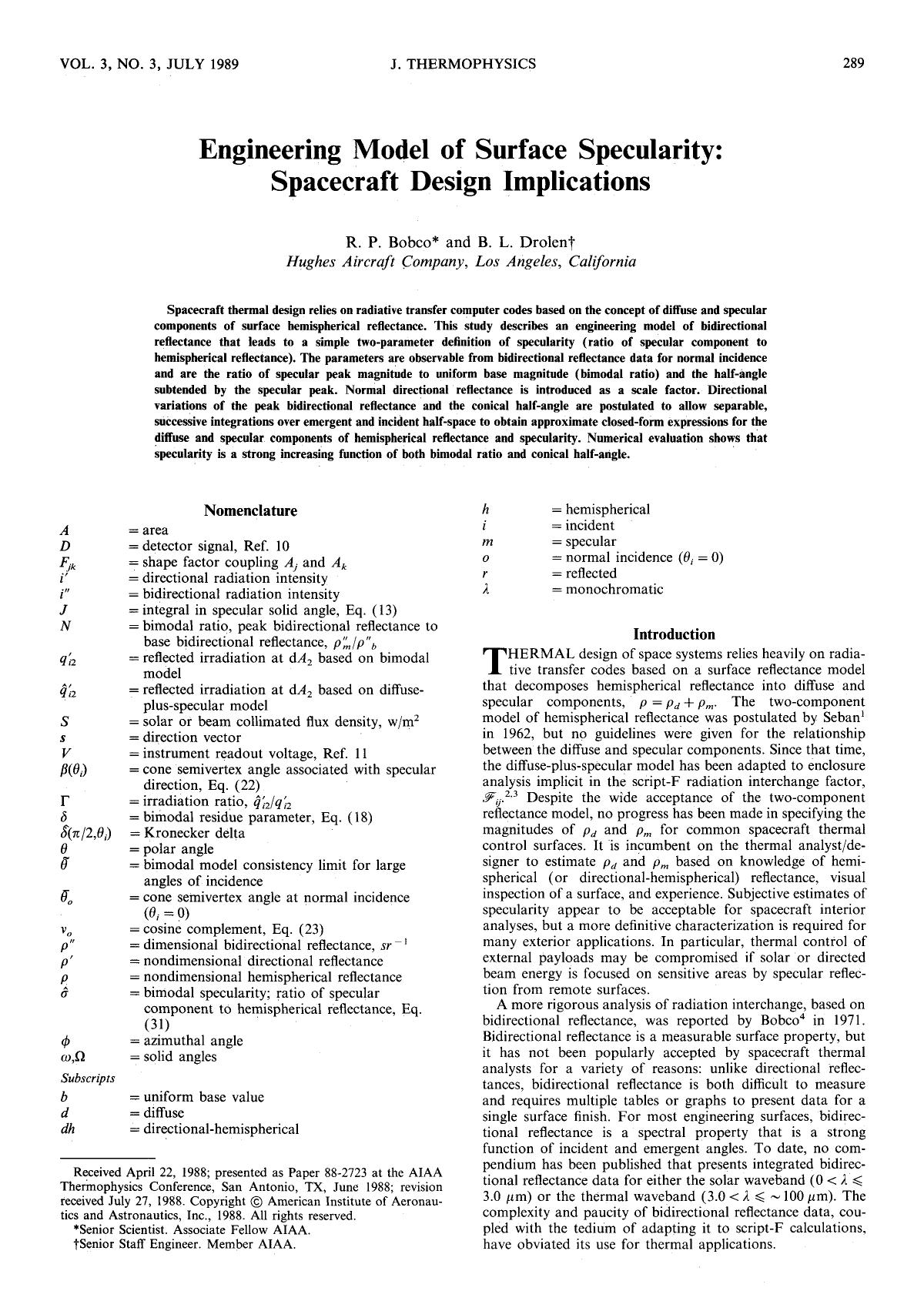 Engineering model of surface specularity by Spacecraft design implications