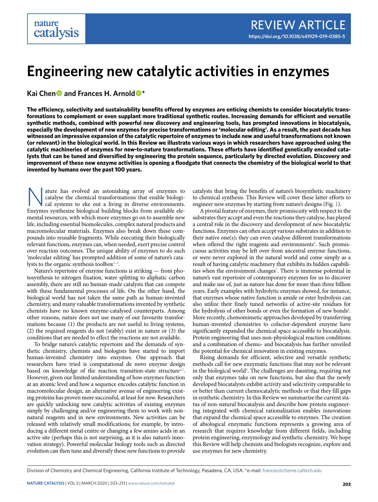 Engineering new catalytic activities in enzymes by Kai Chen & Frances H. Arnold