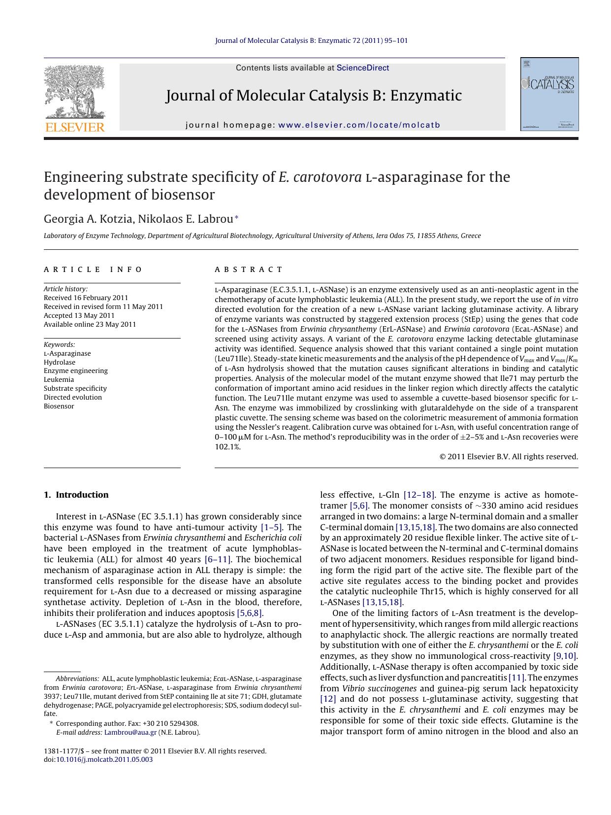 Engineering substrate specificity of E. carotovora l-asparaginase for the development of biosensor by Georgia A. Kotzia