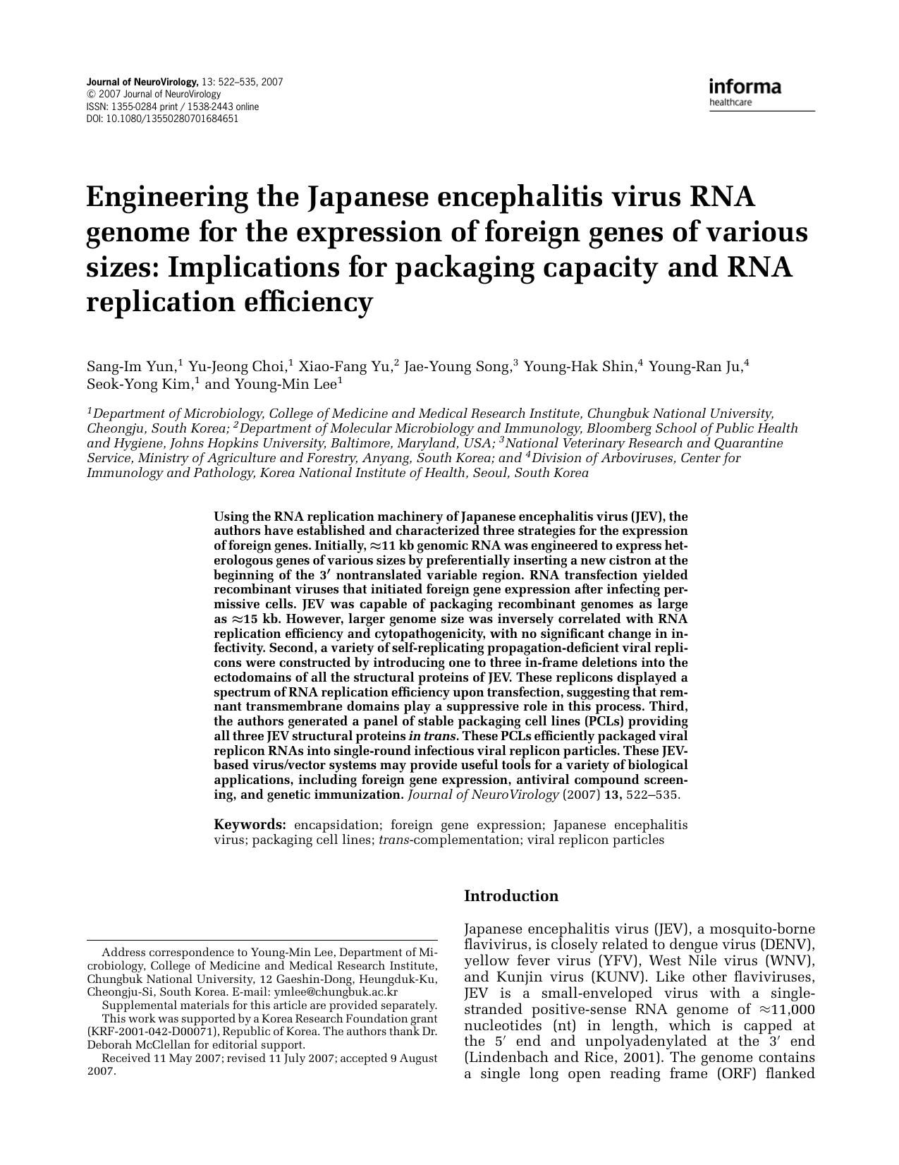 Engineering the Japanese encephalitis virus RNA genome for the expression of foreign genes of various sizes: Implications for packaging capacity and RNA replication efficiency by Unknown