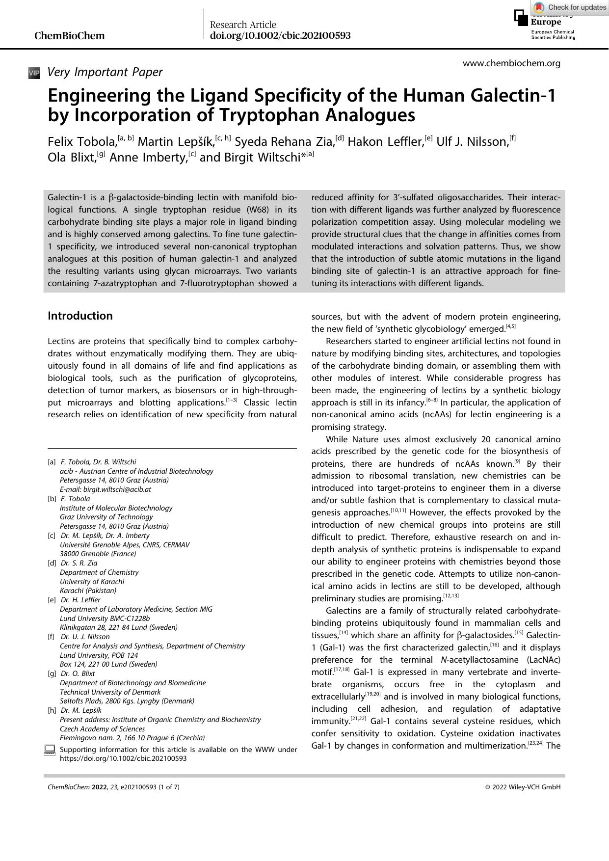 Engineering the Ligand Specificity of the Human Galectinâ1 by Incorporation of Tryptophan Analogues by Unknown