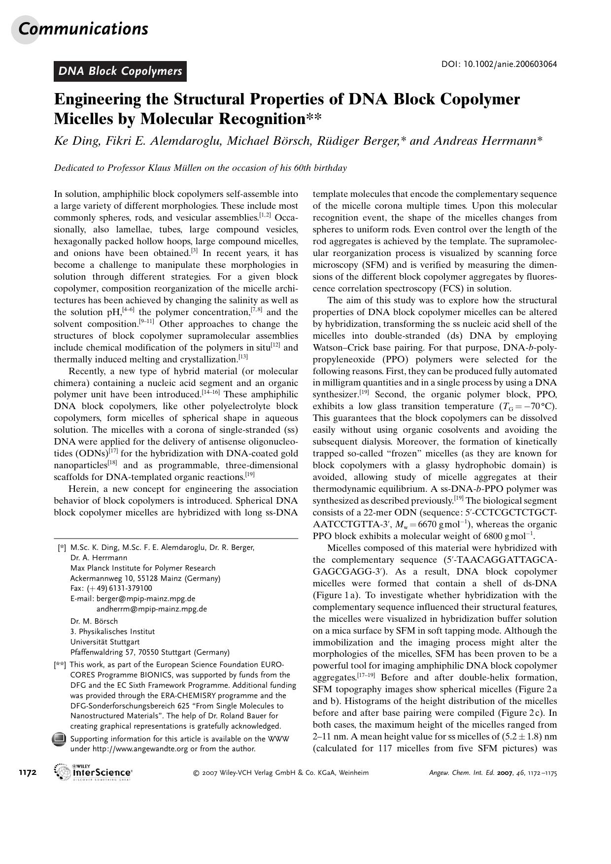 Engineering the Structural Properties of DNA Block Copolymer Micelles by Molecular Recognition by Unknown