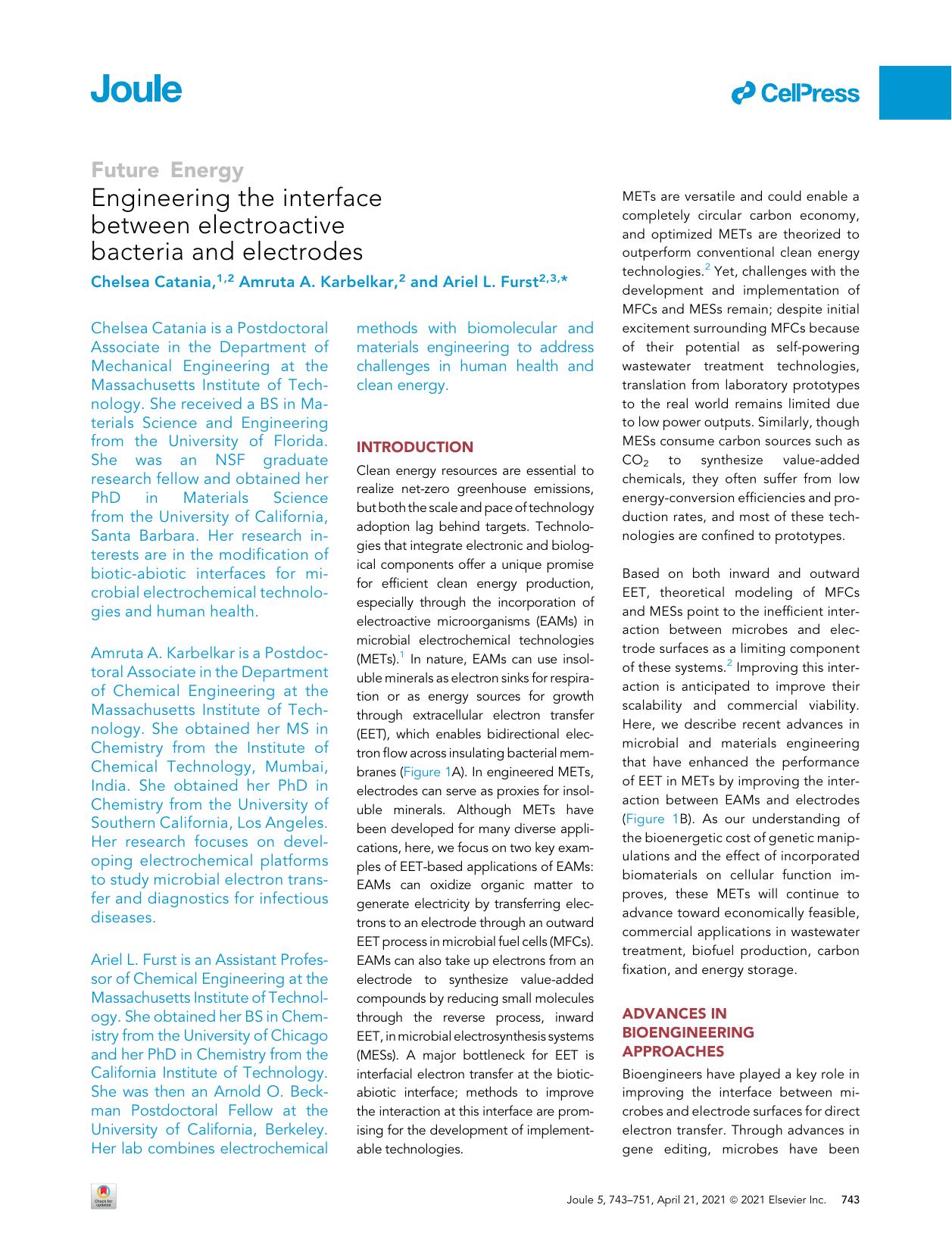 Engineering the interface between electroactive bacteria and electrodes by Chelsea Catania & Amruta A. Karbelkar & Ariel L. Furst