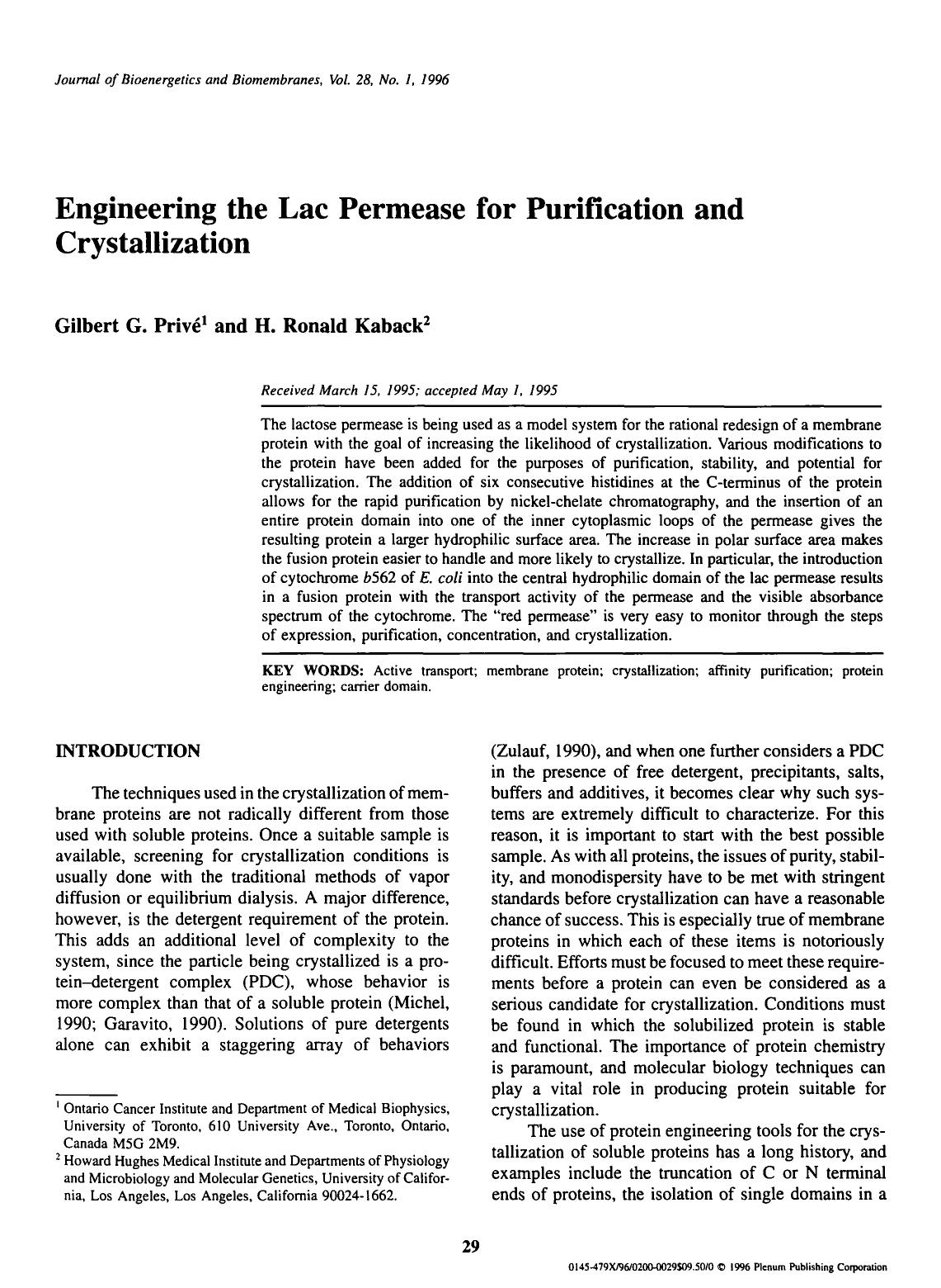 Engineering the lac permease for purification and crystallization by Unknown