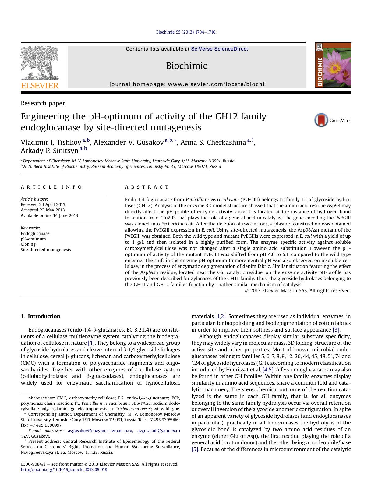 Engineering the pH-optimum of activity of the GH12 family endoglucanase by site-directed mutagenesis by Vladimir I. Tishkov & Alexander V. Gusakov & Anna S. Cherkashina & Arkady P. Sinitsyn