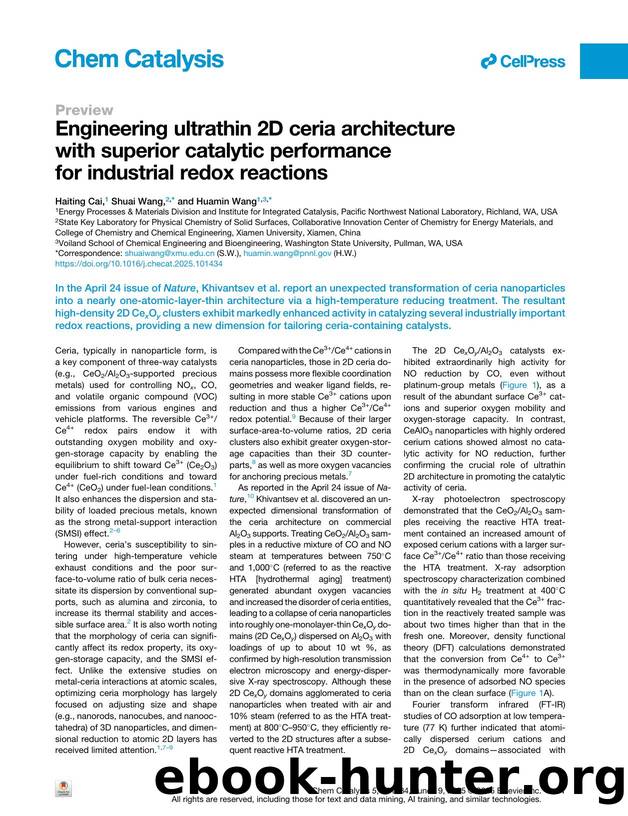 Engineering ultrathin 2D ceria architecture with superior catalytic performance for industrial redox reactions by Haiting Cai & Shuai Wang & Huamin Wang