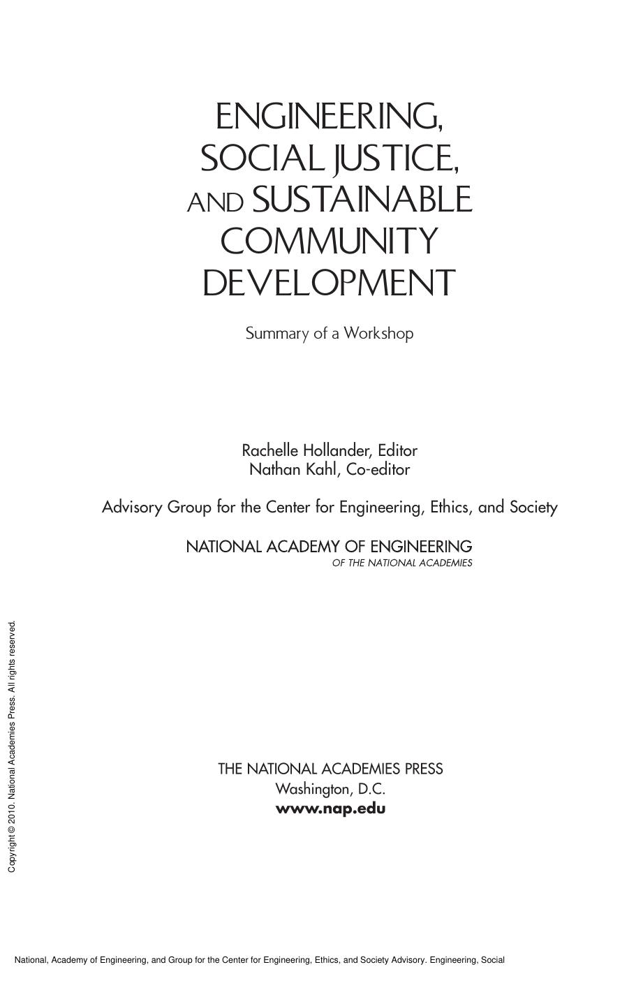 Engineering, Social Justice, and Sustainable Community Development : Summary of a Workshop by unknow