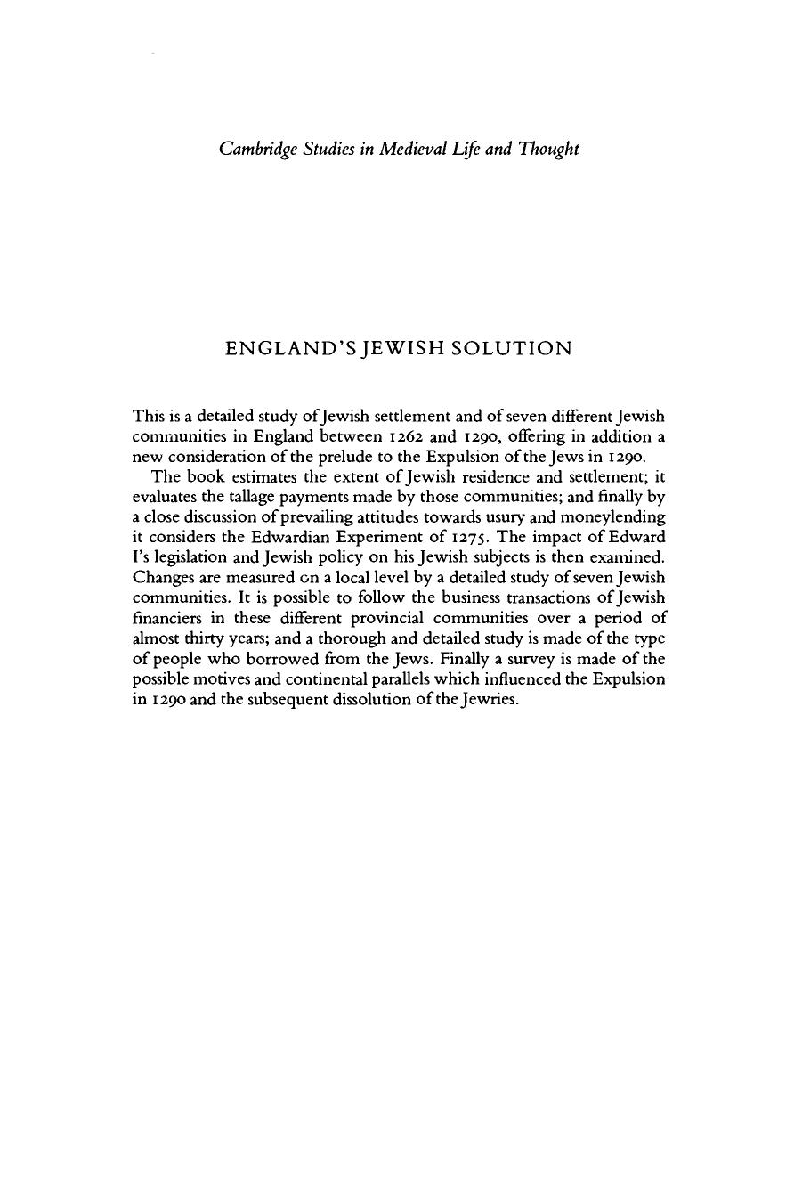 England's Jewish Solution: Experiment and Expulsion, 1262-1290 by Robin R. Mundill