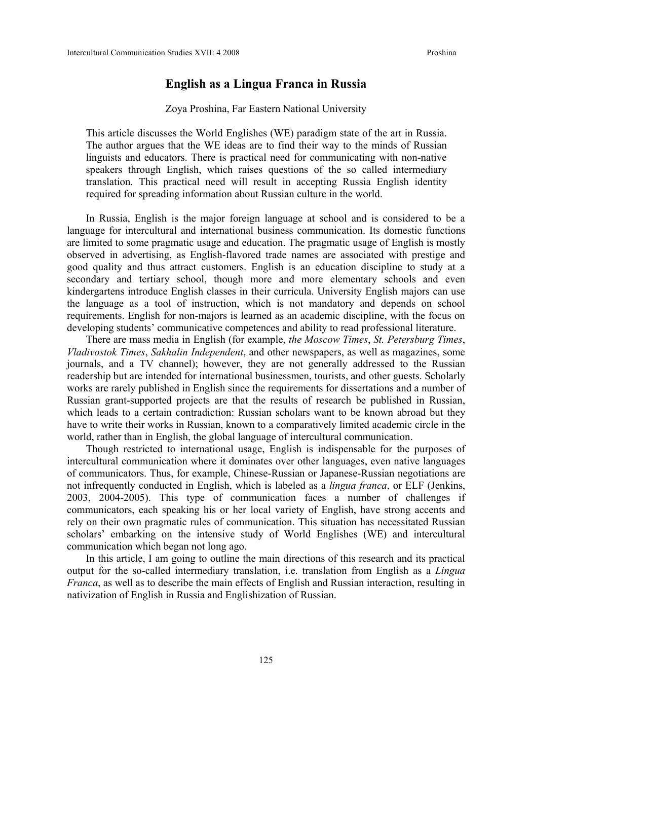 English as a Lingua Franca in Russia by Proshina Z