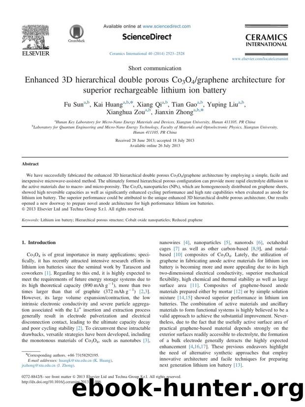 Enhanced 3D hierarchical double porous Co3O4graphene architecture for superior rechargeable lithium ion battery by Fu Sun & Kai Huang & Xiang Qi & Tian Gao & Yuping Liu & Xianghua Zou & Jianxin Zhong