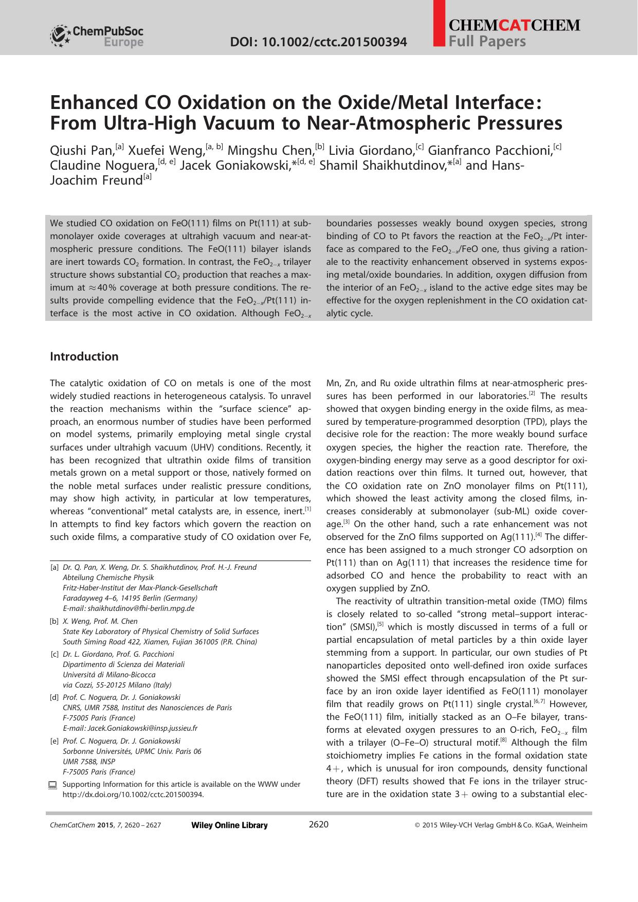 Enhanced CO Oxidation on the OxideMetal Interface: From UltraHigh Vacuum to NearAtmospheric Pressures by Unknown