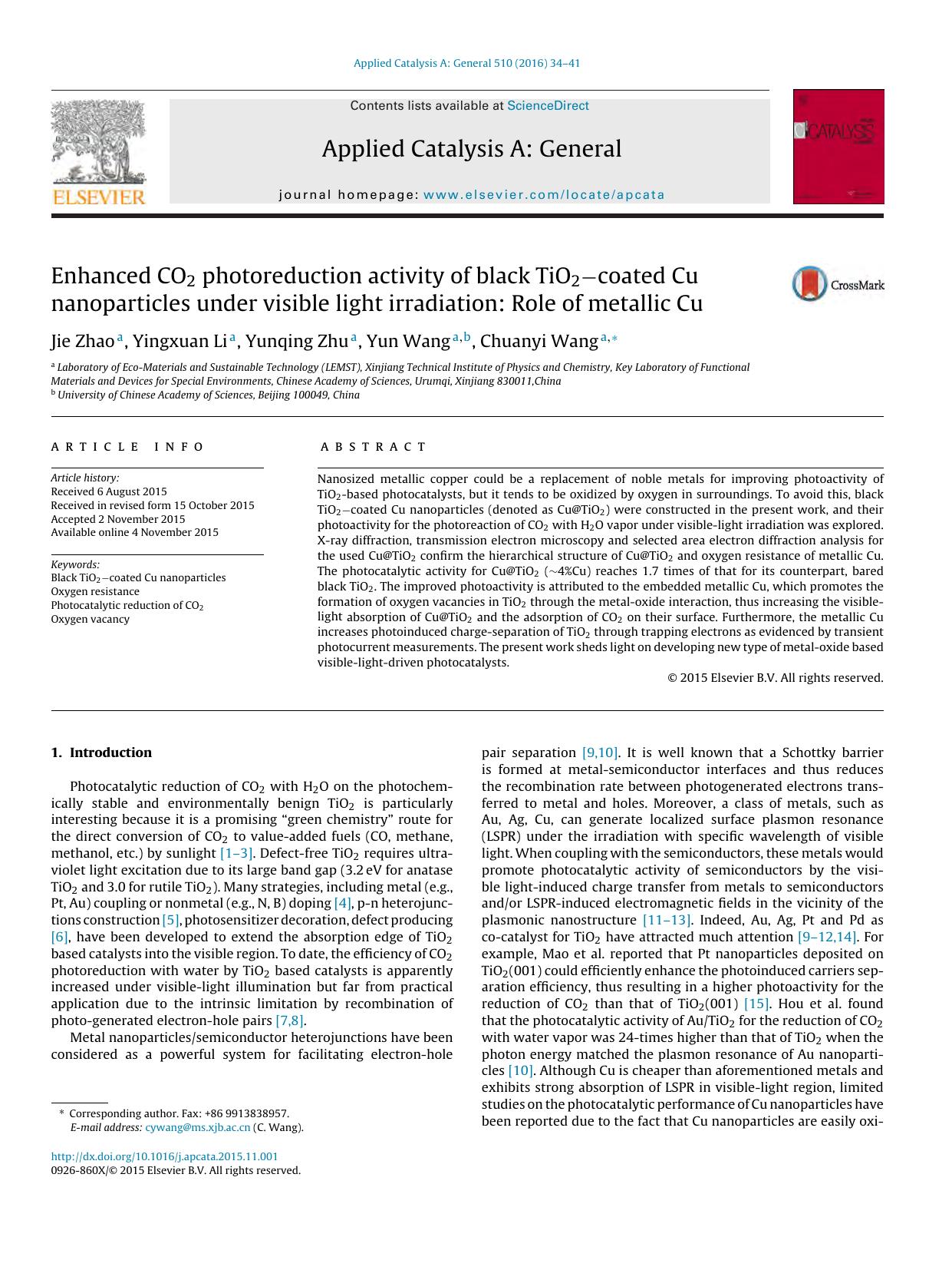 Enhanced CO2 photoreduction activity of black TiO2âcoated Cu nanoparticles under visible light irradiation: Role of metallic Cu by Jie Zhao & Yingxuan Li & Yunqing Zhu & Yun Wang & Chuanyi Wang