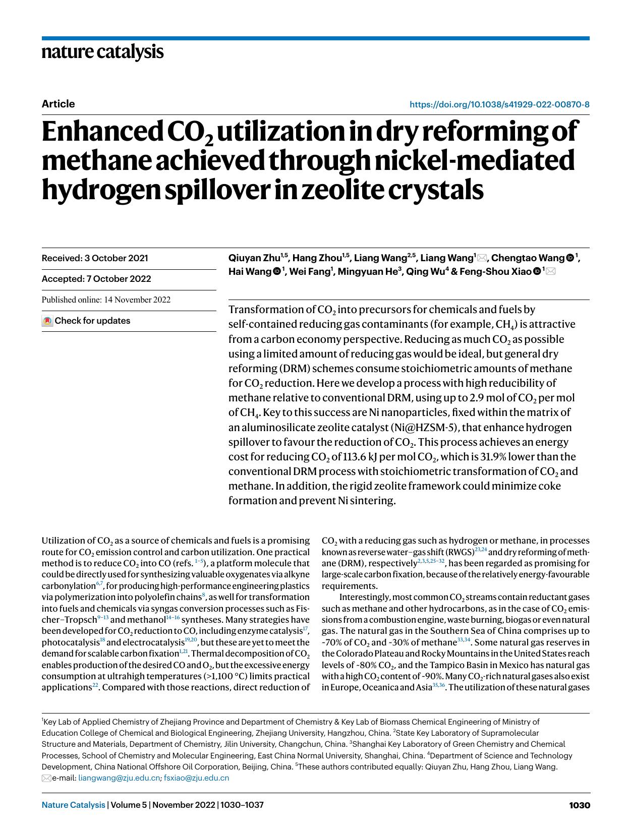 Enhanced CO2 utilization in dry reforming of methane achieved through nickel-mediated hydrogen spillover in zeolite crystals by unknow