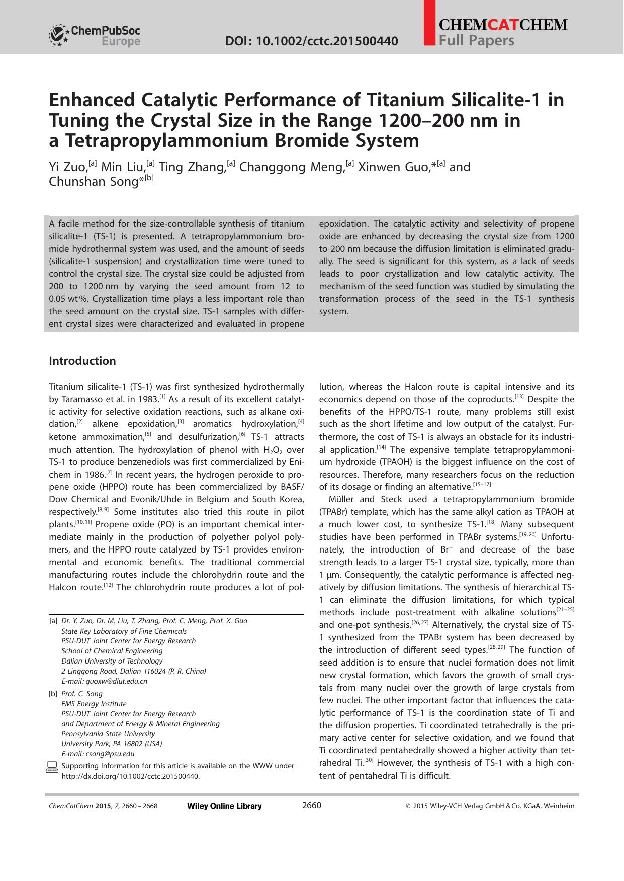 Enhanced Catalytic Performance of Titanium Silicalite1 in Tuning the Crystal Size in the Range 1200200nm in a Tetrapropylammonium Bromide System by Unknown
