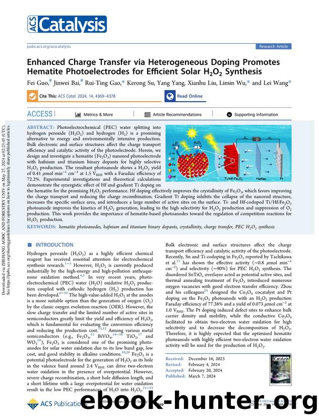 Enhanced Charge Transfer via Heterogeneous Doping Promotes Hematite Photoelectrodes for Efficient Solar H2O2 Synthesis by Fei Guo Jinwei Bai Rui-Ting Gao Kerong Su Yang Yang Xianhu Liu Limin Wu & Lei Wang