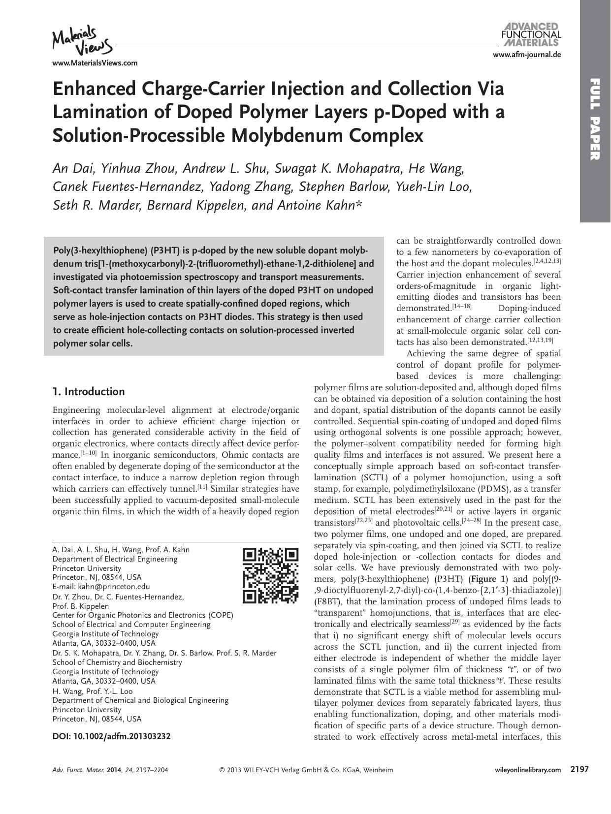Enhanced ChargeCarrier Injection and Collection Via Lamination of Doped Polymer Layers pDoped with a SolutionProcessible Molybdenum Complex by s-w-270