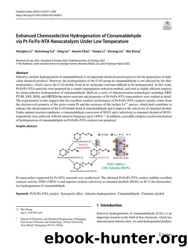Enhanced Chemoselective Hydrogenation of Cinnamaldehyde via Pt-FeFe-NTA Nanocatalysts Under Low Temperature by Hongkun Li & Kuncheng Cui & Yang Lei & Jianxin Chen & Yanqiu Li & Derong Liu & Wei Xiong