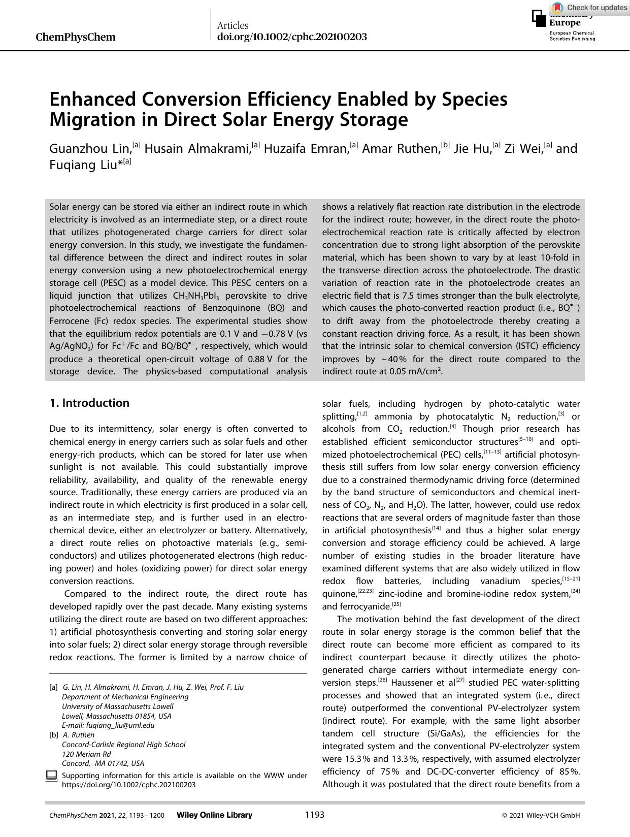 Enhanced Conversion Efficiency Enabled by Species Migration in Direct Solar Energy Storage by Unknown