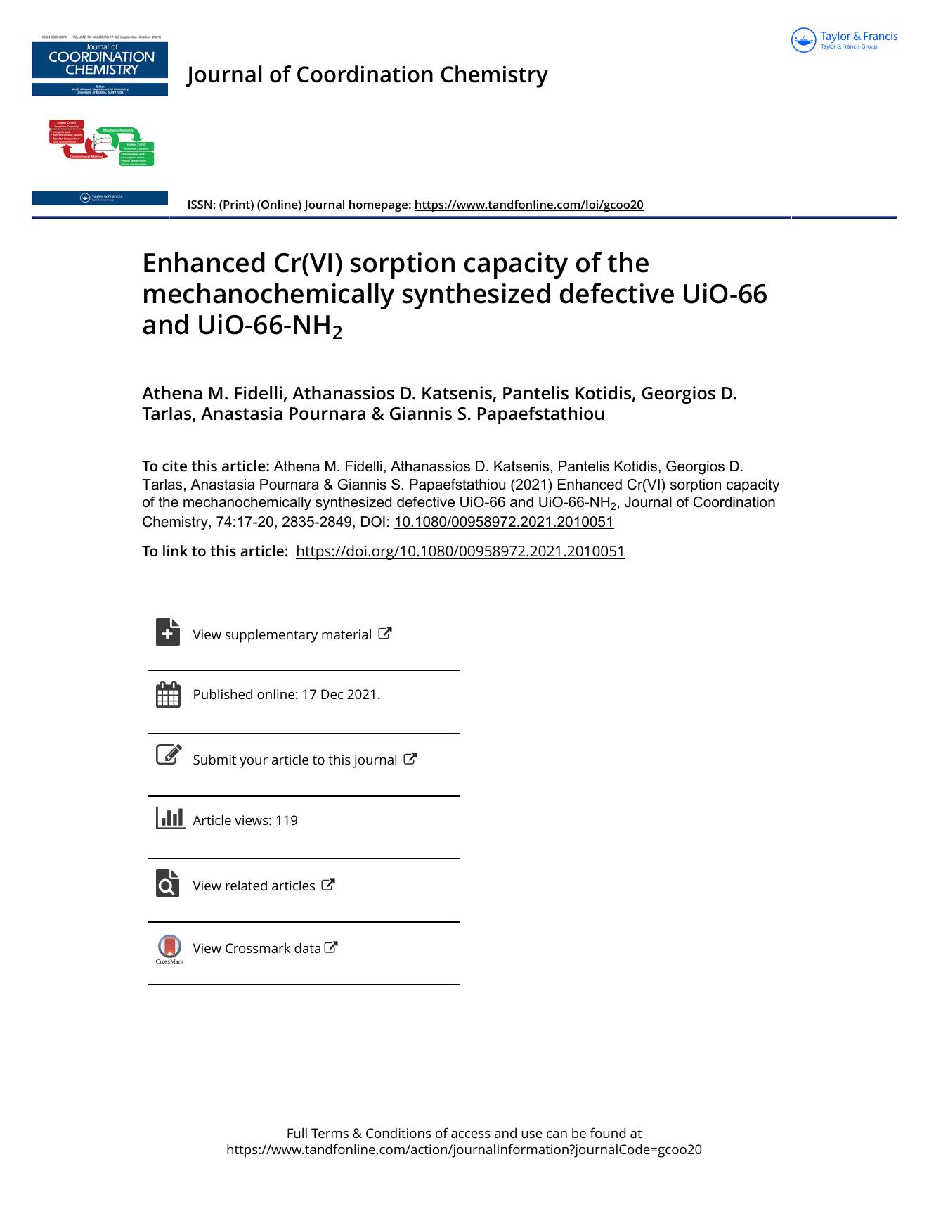 Enhanced Cr(VI) sorption capacity of the mechanochemically synthesized defective UiO-66 and UiO-66-NH2 by unknow