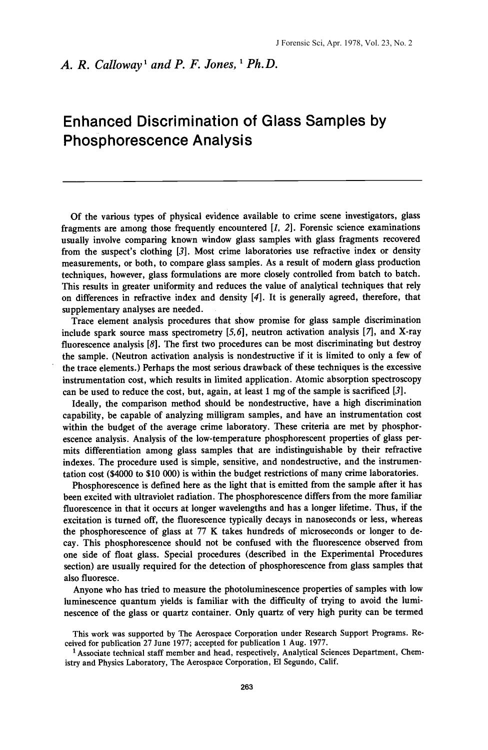 Enhanced Discrimination of Glass Samples by Phosphorescence Analysis by Calloway AR Jones PF
