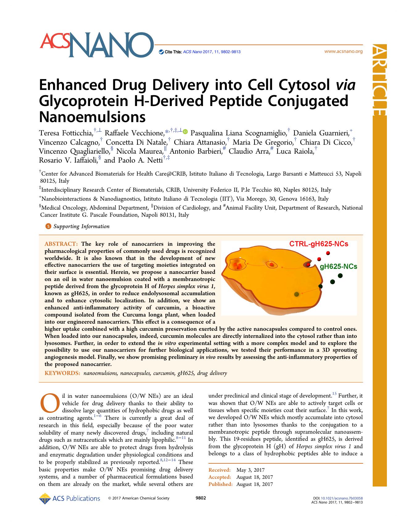 Enhanced Drug Delivery into Cell Cytosol via Glycoprotein H-Derived Peptide Conjugated Nanoemulsions by unknow