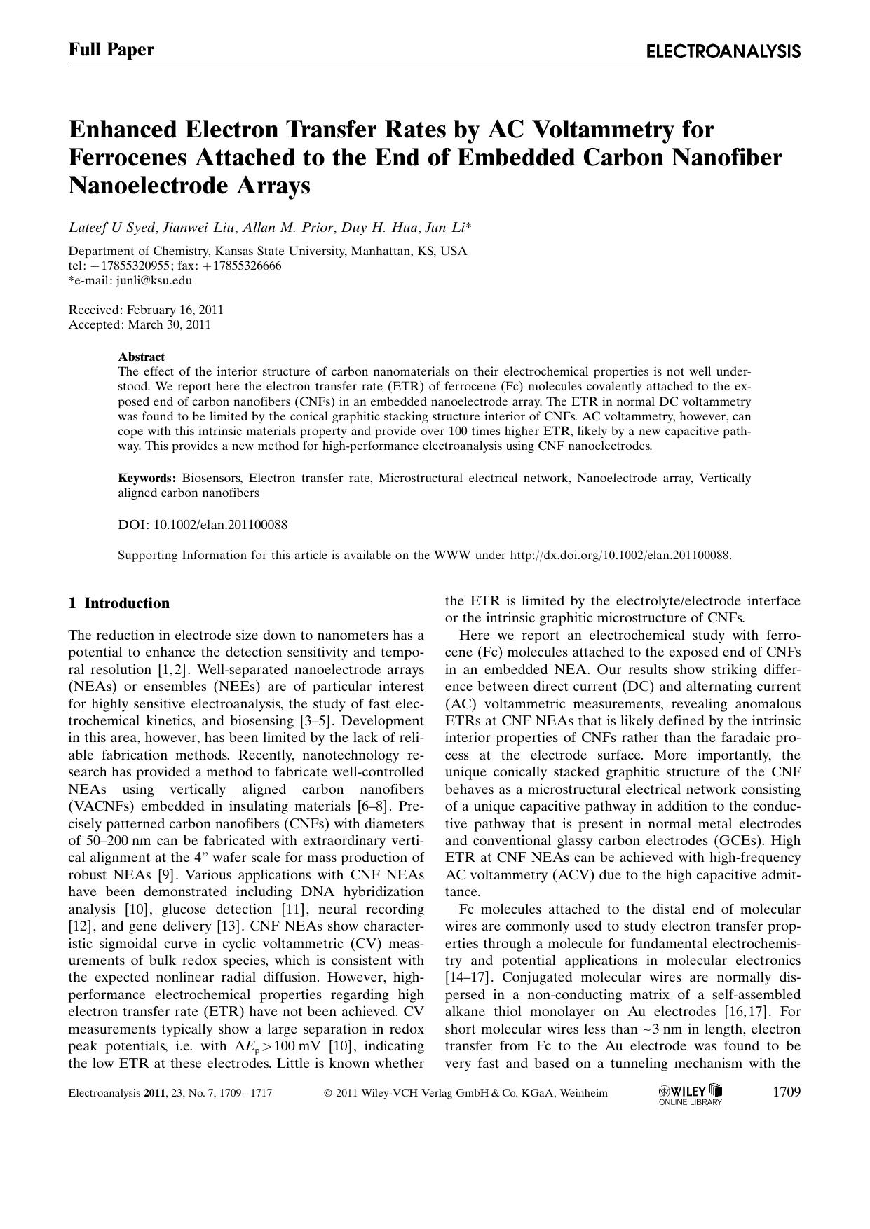 Enhanced Electron Transfer Rates by AC Voltammetry for Ferrocenes Attached to the End of Embedded Carbon Nanofiber Nanoelectrode Arrays by Unknown