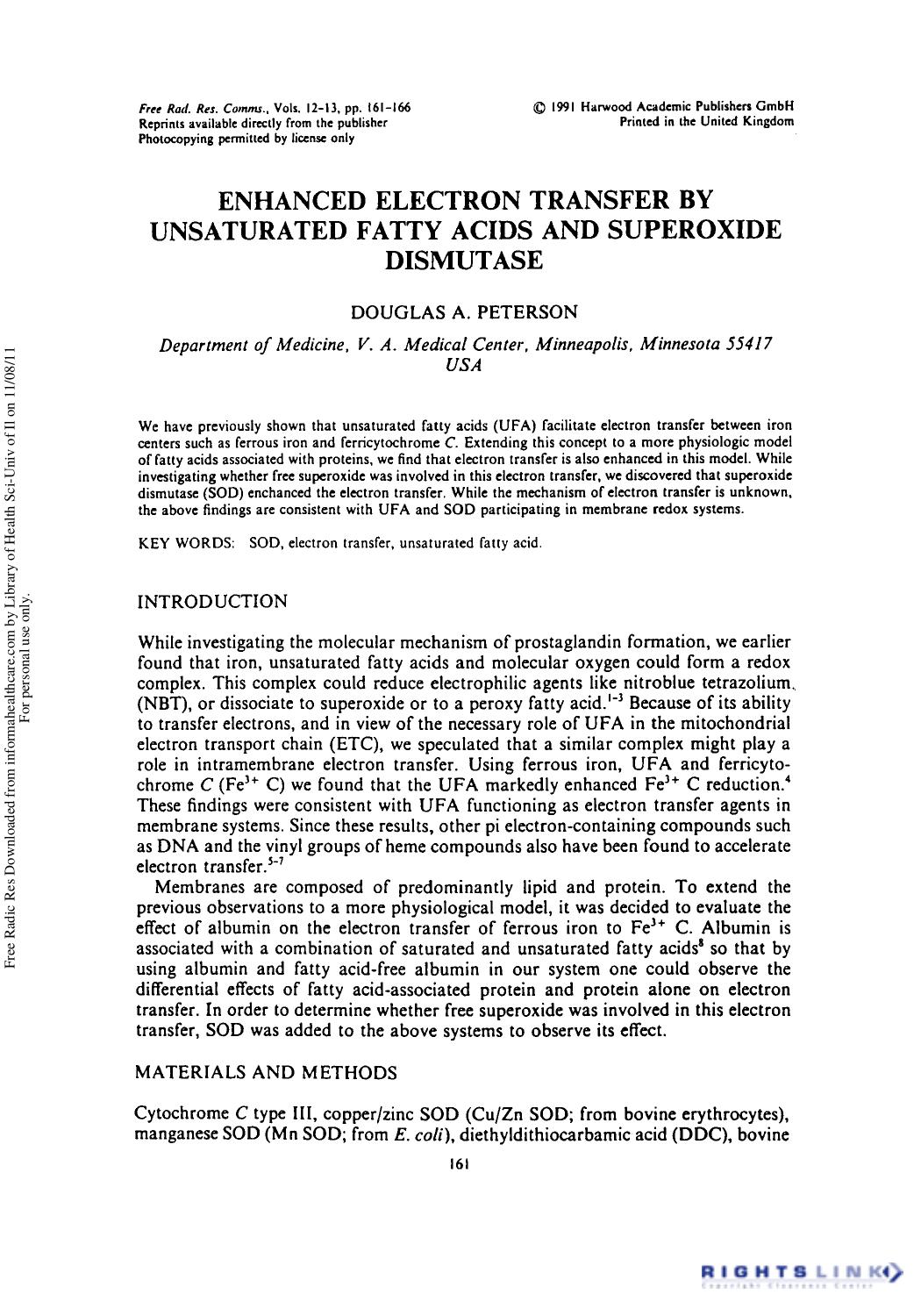 Enhanced Electron Transfer by Unsaturated Fatty Acids and Superoxide Dismutase by Douglas A. Peterson