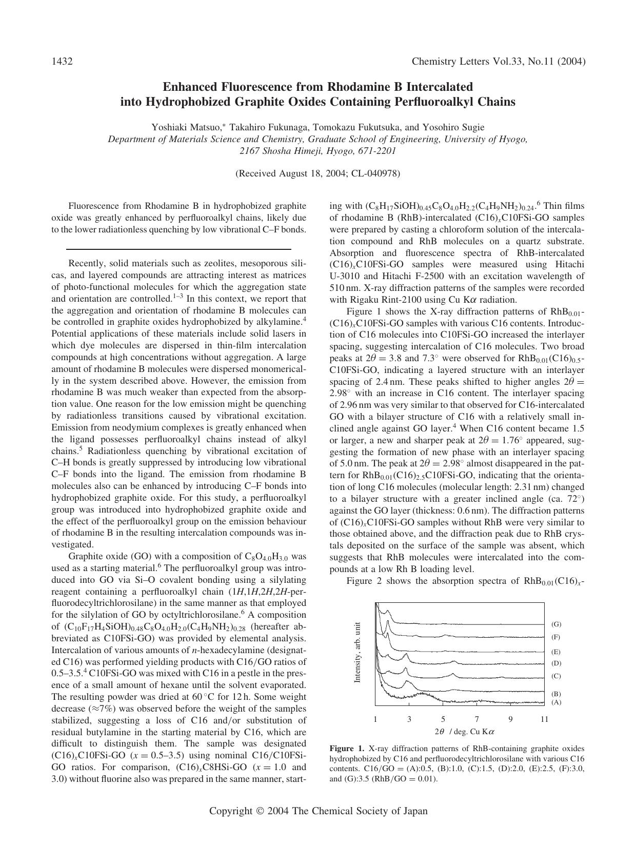 Enhanced Fluorescence from Rhodamine B Intercalated into Hydrophobized Graphite Oxides Containing Perfluoroalkyl Chains by Yoshiaki Matsuo Takahiro Fukunaga Tomokazu Fukutsuka and Yosohiro Sugie