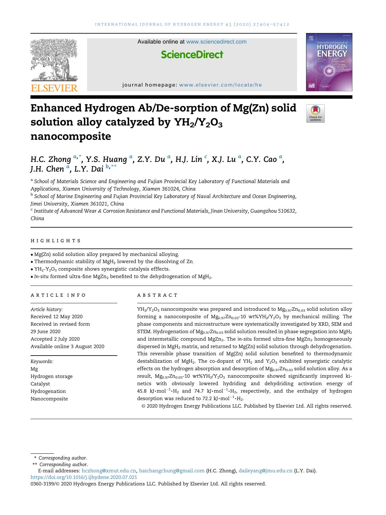 Enhanced Hydrogen AbDe-sorption of Mg(Zn) solid solution alloy catalyzed by YH2Y2O3 nanocomposite by H.C. Zhong & Y.S. Huang & Z.Y. Du & H.J. Lin & X.J. Lu & C.Y. Cao & J.H. Chen & L.Y. Dai