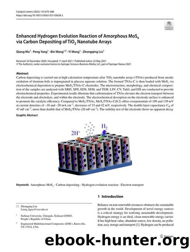 Enhanced Hydrogen Evolution Reaction of Amorphous MoSx via Carbon Depositing of TiO2 Nanotube Arrays by Qiang Wu & Peng Yang & Bin Wang & Yi Wang & Zhongqing Liu