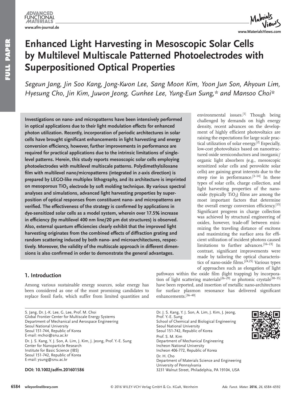 Enhanced Light Harvesting in Mesoscopic Solar Cells by Multilevel Multiscale Patterned Photoelectrodes with Superpositioned Optical Properties by Unknown