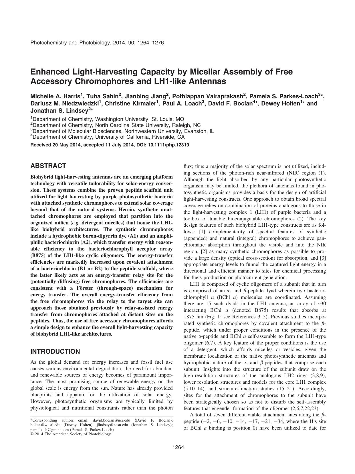 Enhanced LightHarvesting Capacity by Micellar Assembly of Free Accessory Chromophores and LH1like Antennas by Unknown