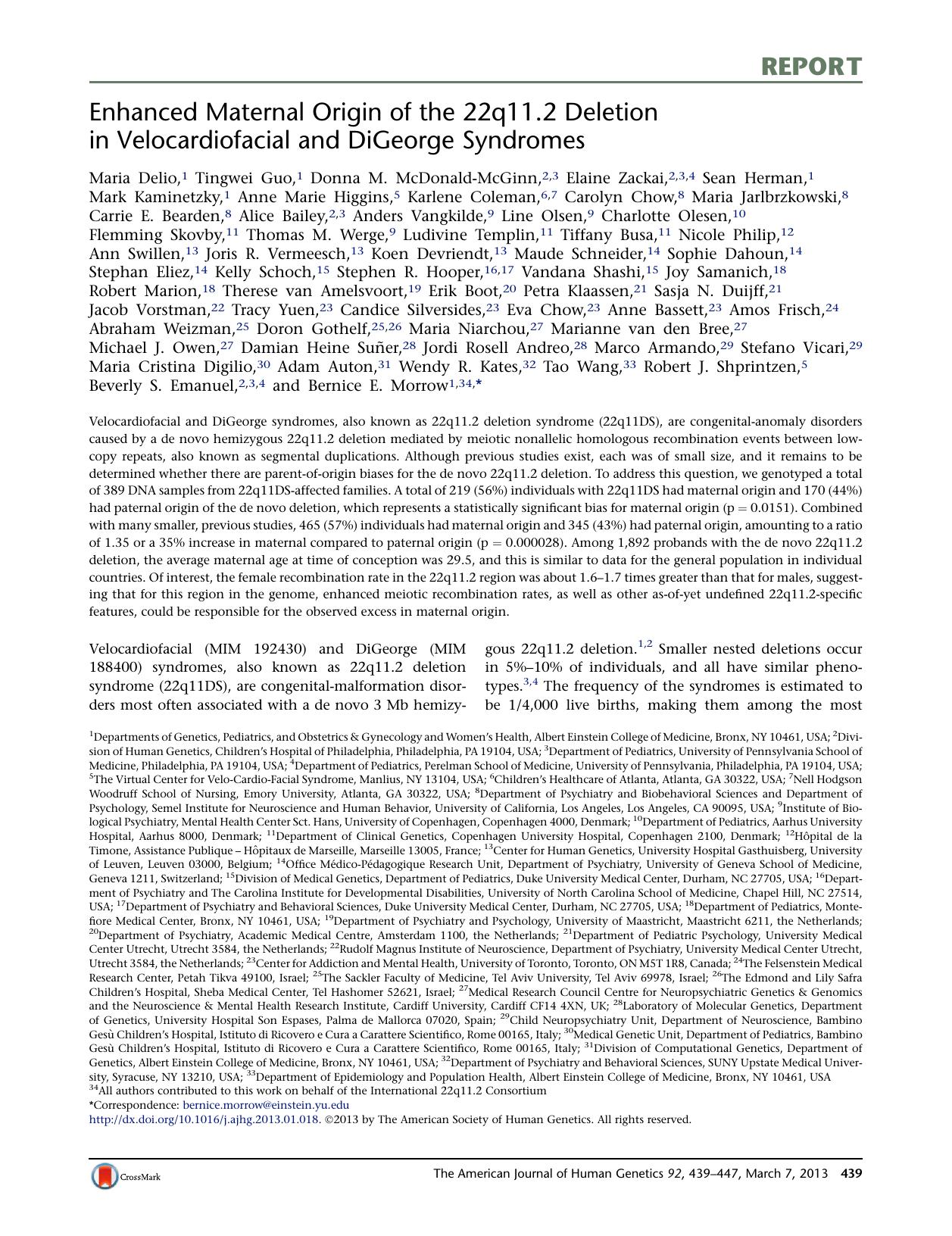 Enhanced Maternal Origin of the 22q11.2 Deletion in Velocardiofacial and DiGeorge Syndromes by unknow