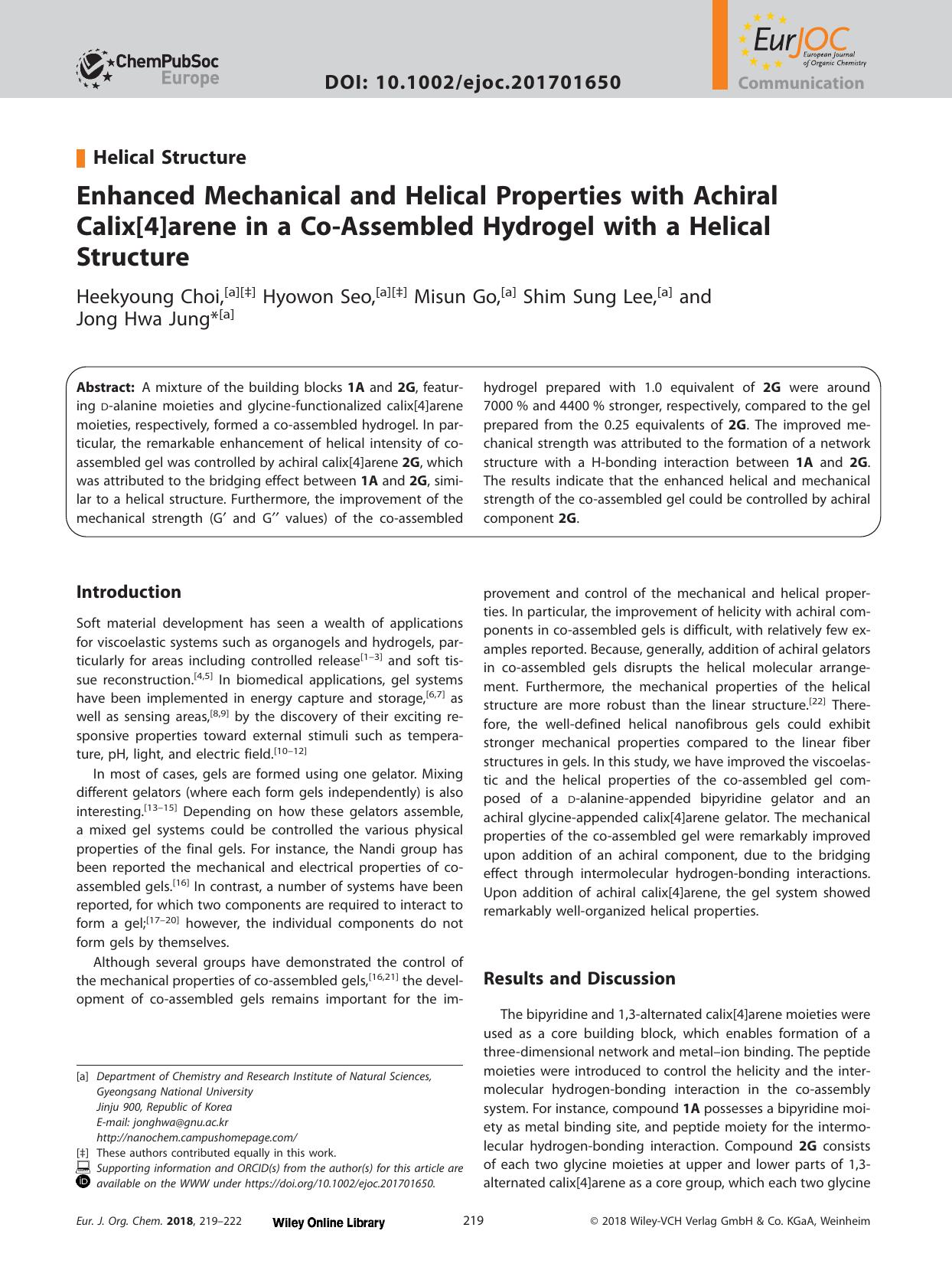 Enhanced Mechanical and Helical Properties with Achiral Calix[4]arene in a Co&#x02010;Assembled Hydrogel with a Helical Structure by Unknown
