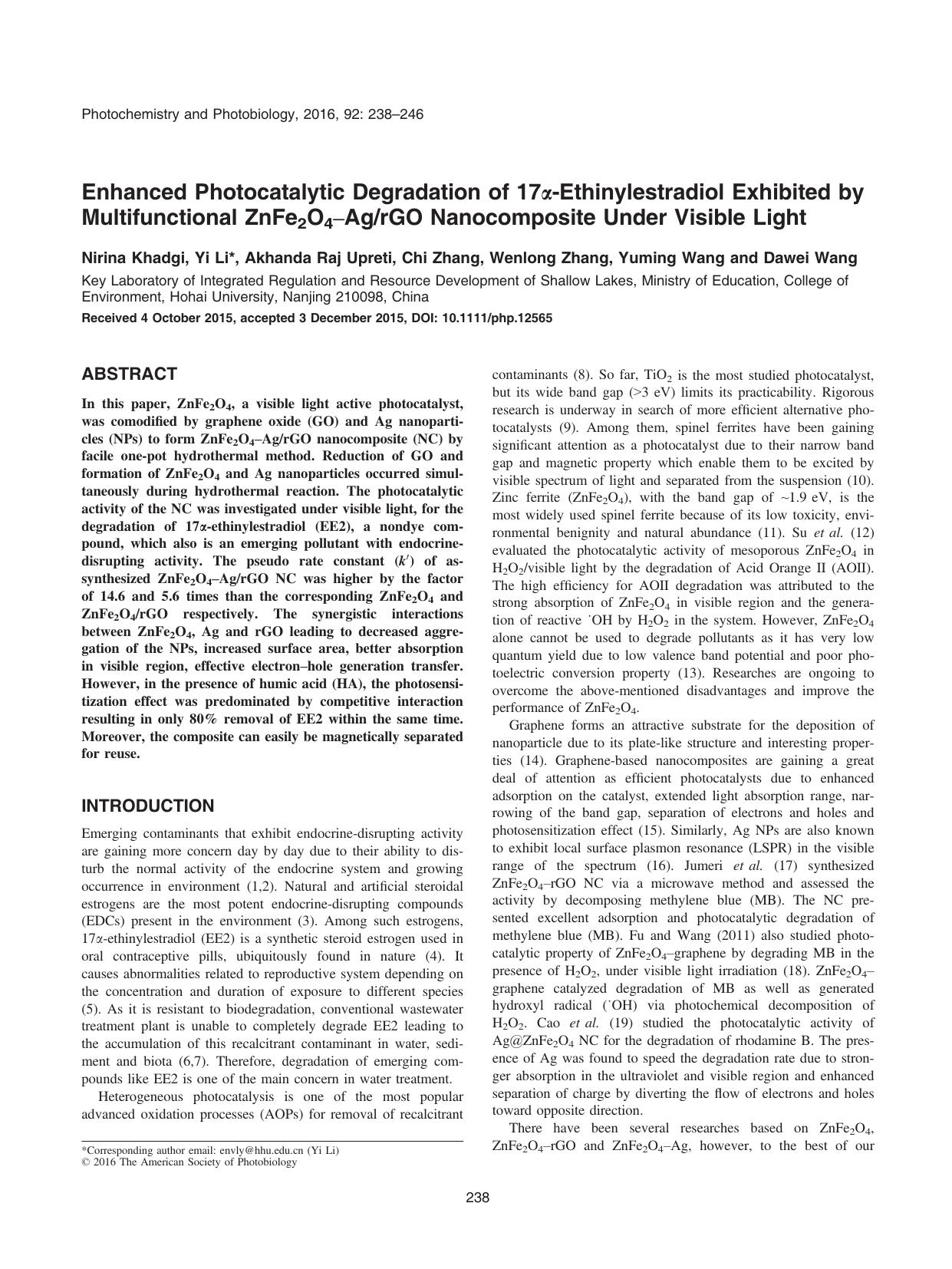 Enhanced Photocatalytic Degradation of 17&#x03B1;&#x2010;Ethinylestradiol Exhibited by Multifunctional ZnFe2O4&#x2013;Ag&#x002F;rGO Nanocomposite Under Visible Light by Unknown