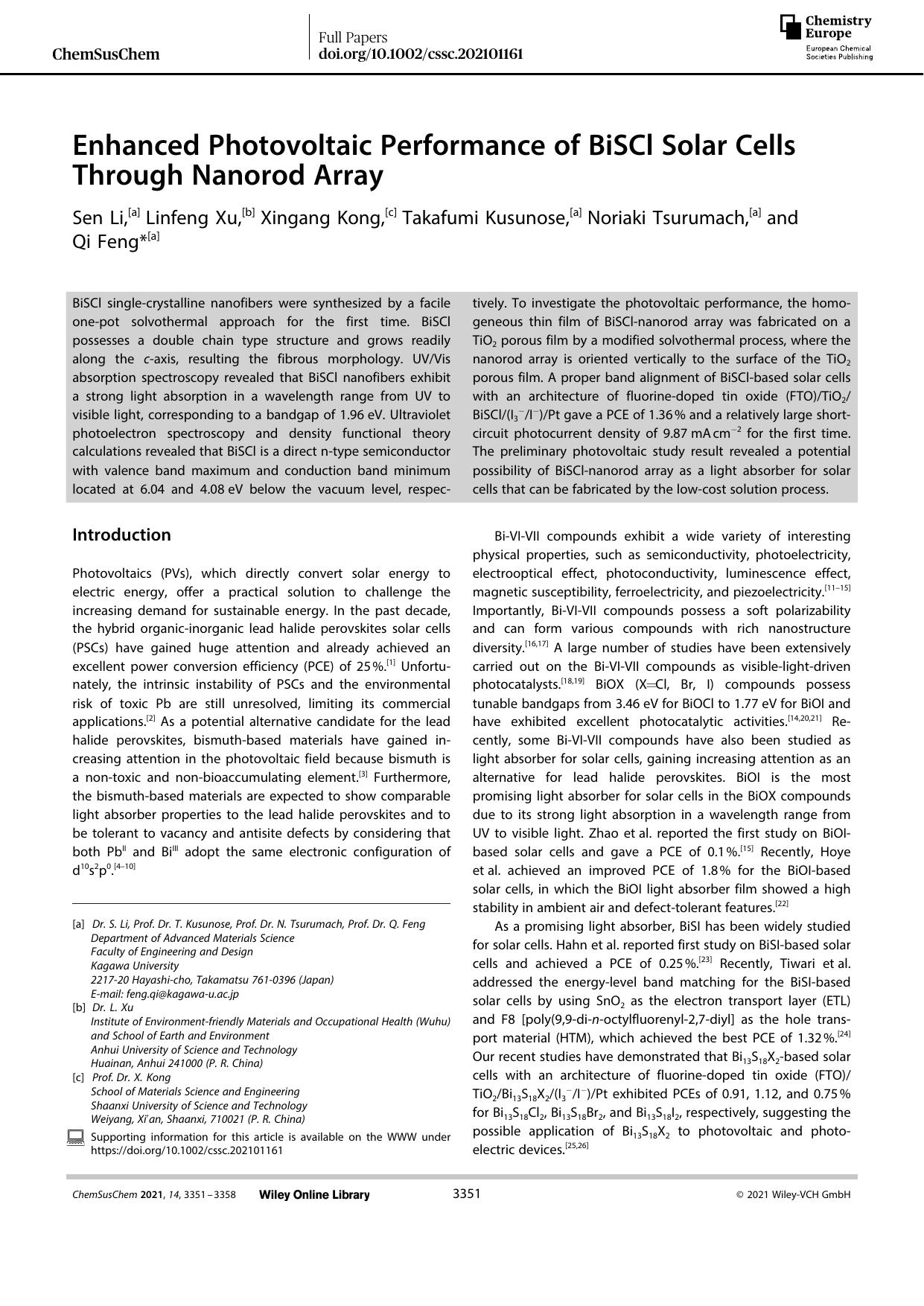 Enhanced Photovoltaic Performance of BiSCl Solar Cells Through Nanorod Array by Unknown
