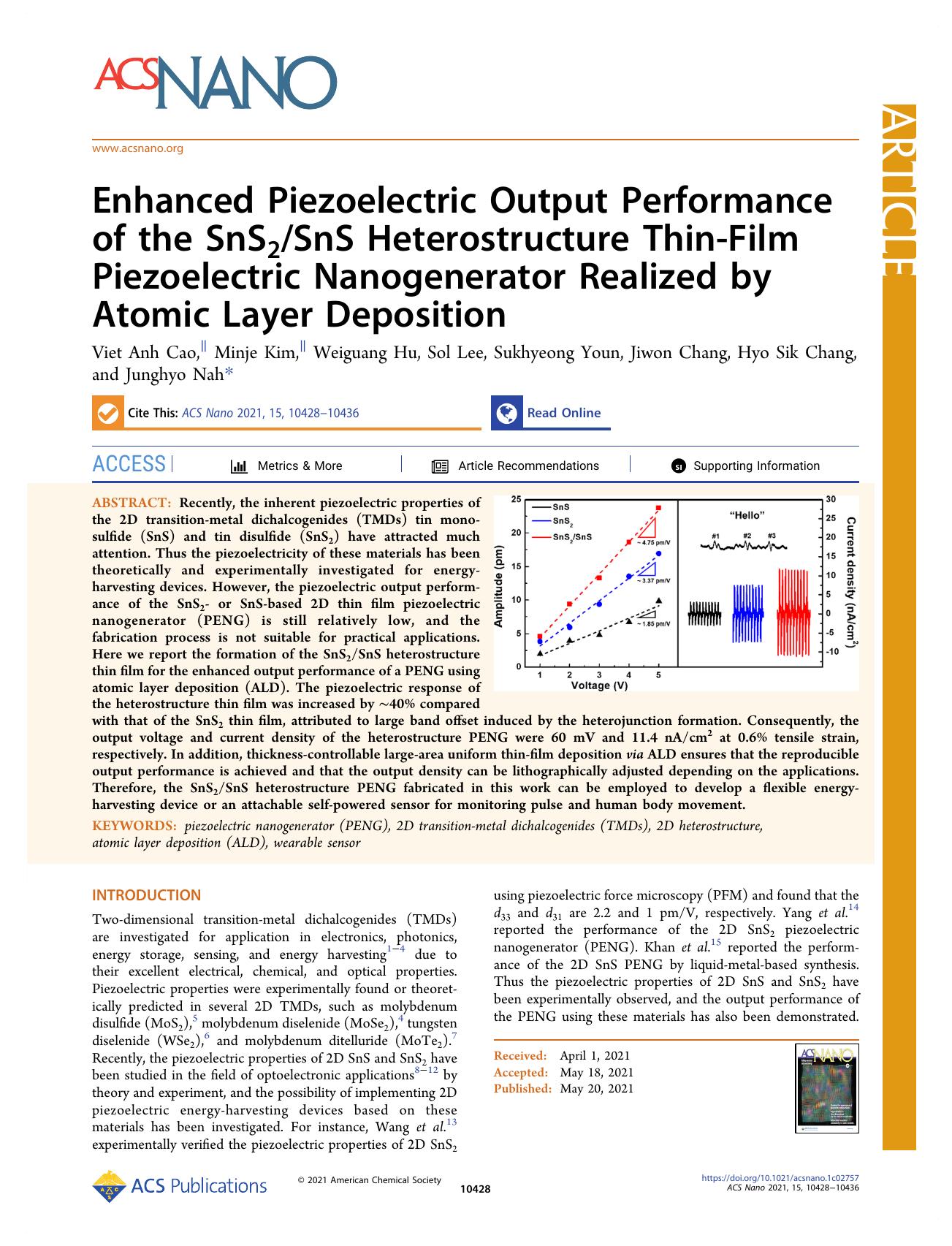 Enhanced Piezoelectric Output Performance of the SnS2SnS Heterostructure Thin-Film Piezoelectric Nanogenerator Realized by Atomic Layer Deposition by unknow