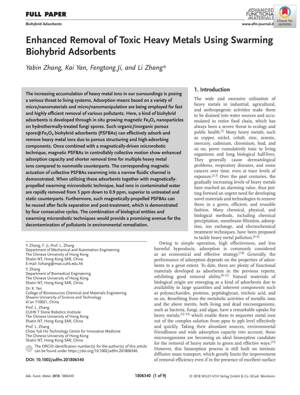 Enhanced Removal of Toxic Heavy Metals Using Swarming Biohybrid Adsorbents by Unknown
