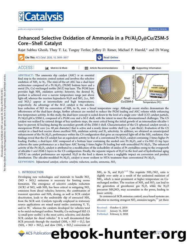 Enhanced Selective Oxidation of Ammonia in a PtAl2O3@CuZSM-5 CoreâShell Catalyst by Rajat Subhra Ghosh Thuy T. Le Tanguy Terlier Jeffrey D. Rimer Michael P. Harold & Di Wang