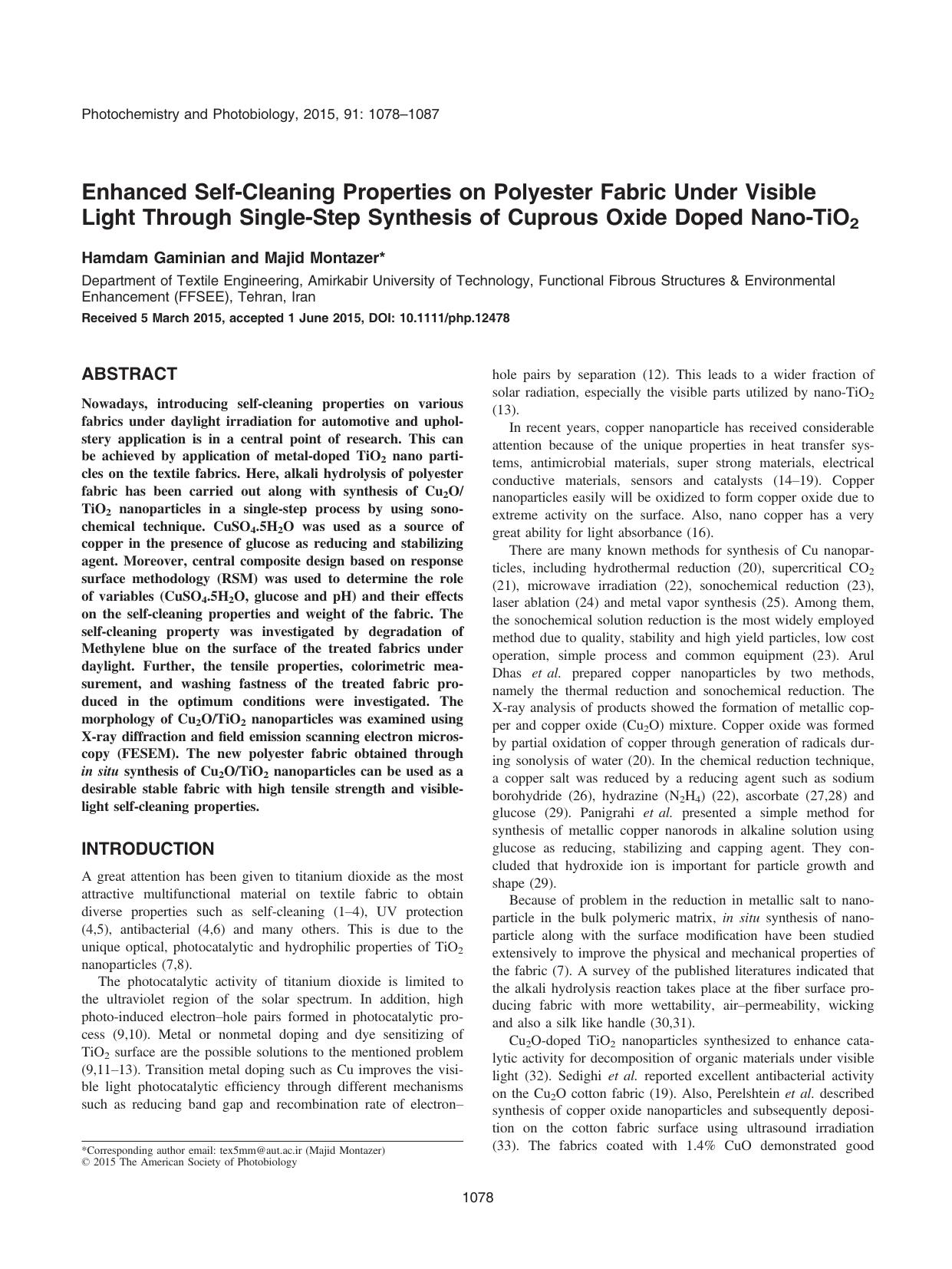 Enhanced Self&#x2010;Cleaning Properties on Polyester Fabric Under Visible Light Through Single&#x2010;Step Synthesis of Cuprous Oxide Doped Nano&#x2010;TiO2 by Unknown