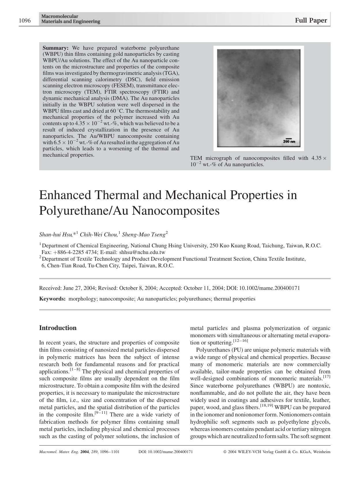 Enhanced Thermal and Mechanical Properties in PolyurethaneAu Nanocomposites by Unknown
