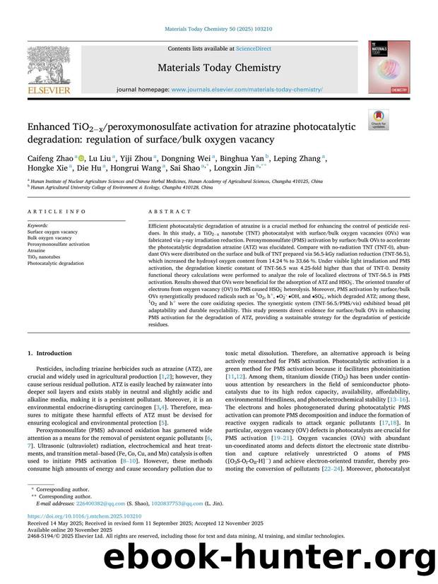 Enhanced TiO2âxperoxymonosulfate activation for atrazine photocatalytic degradation: regulation of surfacebulk oxygen vacancy by unknow