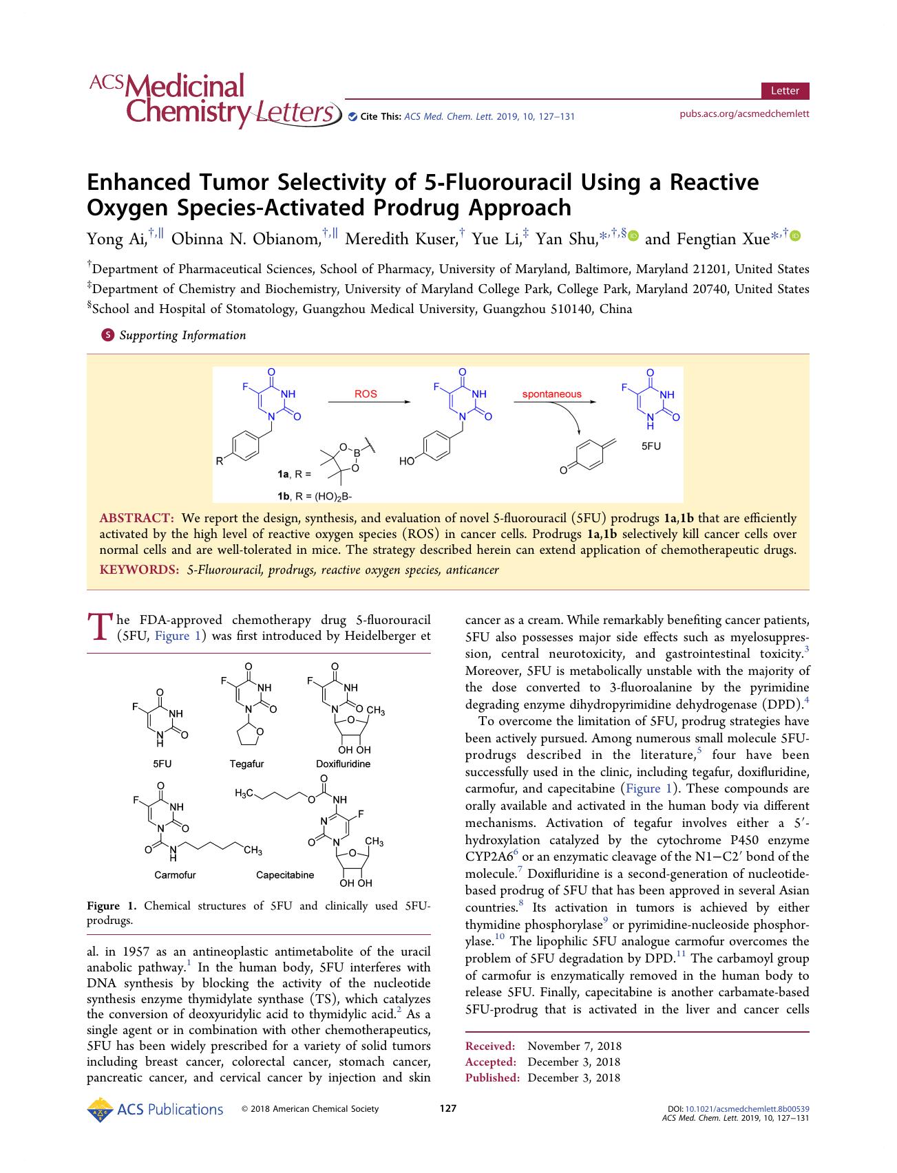 Enhanced Tumor Selectivity of 5-Fluorouracil Using a Reactive Oxygen Species-Activated Prodrug Approach by unknow