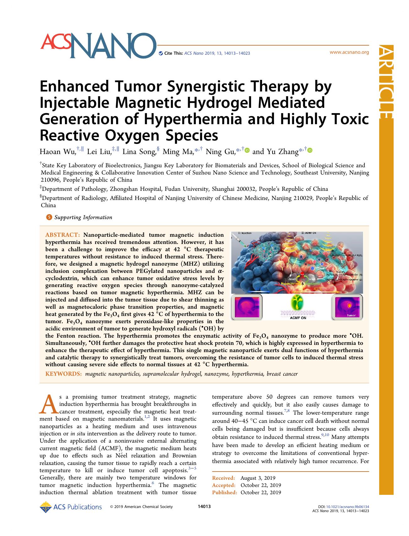 Enhanced Tumor Synergistic Therapy by Injectable Magnetic Hydrogel Mediated Generation of Hyperthermia and Highly Toxic Reactive Oxygen Species by Haoan Wu Lei Liu Lina Song Ming Ma Ning Gu and Yu Zhang