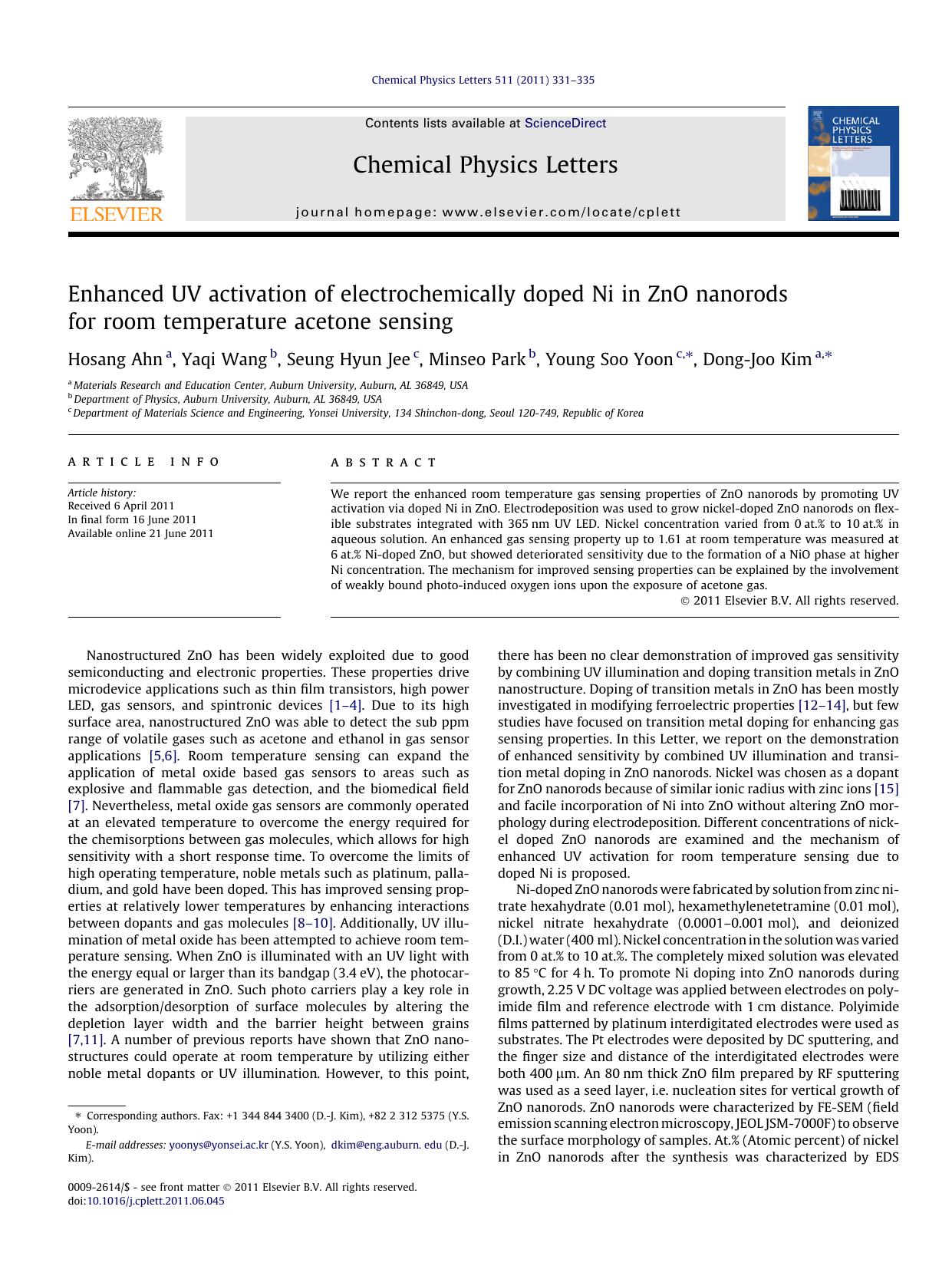 Enhanced UV activation of electrochemically doped Ni in ZnO nanorods for room temperature acetone sensing by Hosang Ahn & Yaqi Wang & Seung Hyun Jee & Minseo Park & Young Soo Yoon & Dong-Joo Kim